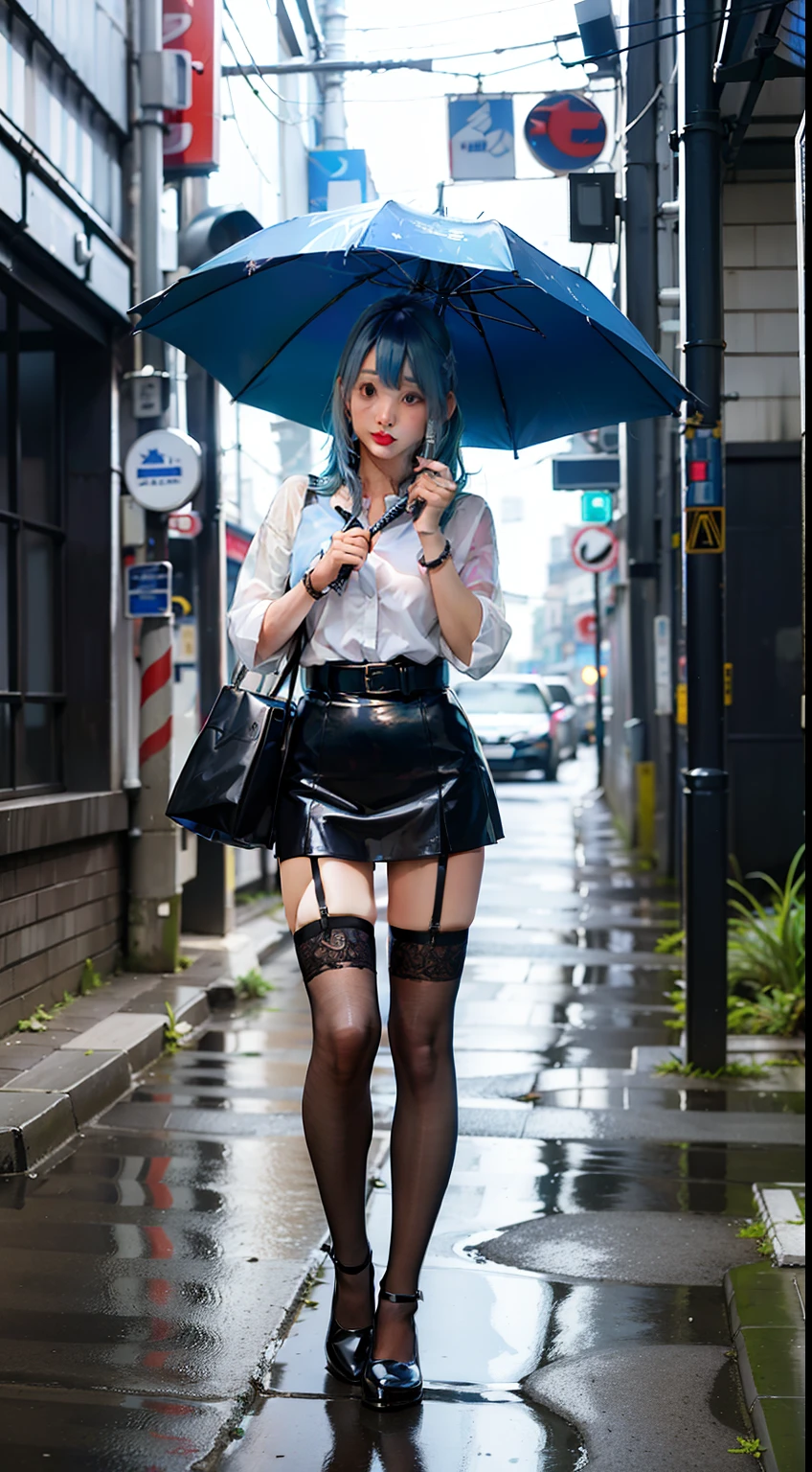 best qualtiy,tmasterpiece:1.3), 1girll, rainy days, mist, alleys, umbrellas, Large and transparent umbrella, looking at viewert, blue hair, facing the photo, Cyberpunk-city, Alone in the alley, Neon lights in the alley, Very reflective city, long whitr hair, Hair-sized strands cross the alley, Riman, jpn, toyko, Garter belt on one leg, Knee pads on the other leg, perfect hand,delicated,the night