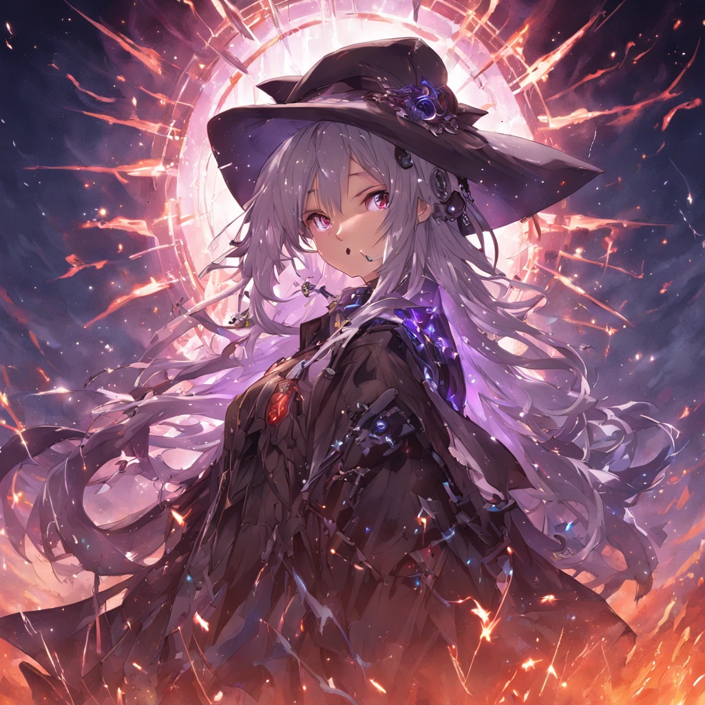 Masterpiece,Best quality,Ultra-detailed,very detailed illustration,Extremely detailed,Intricate details,A high resolution,super complex detail,extremely detailed 8k cg wallpape,Cowboy shot, Caustics,Reflection,Ray tracing,Demon Theme,Starcloud,Dark aura,cyber effect,1girll, Witch hat,White hair, Red eyes, Fire Witch, mechanicalparts,single mechanical arm,Blood, Light particles, Light rays, the wallpaper, High contrast, Colorful,sky, Night sky, Starry sky,