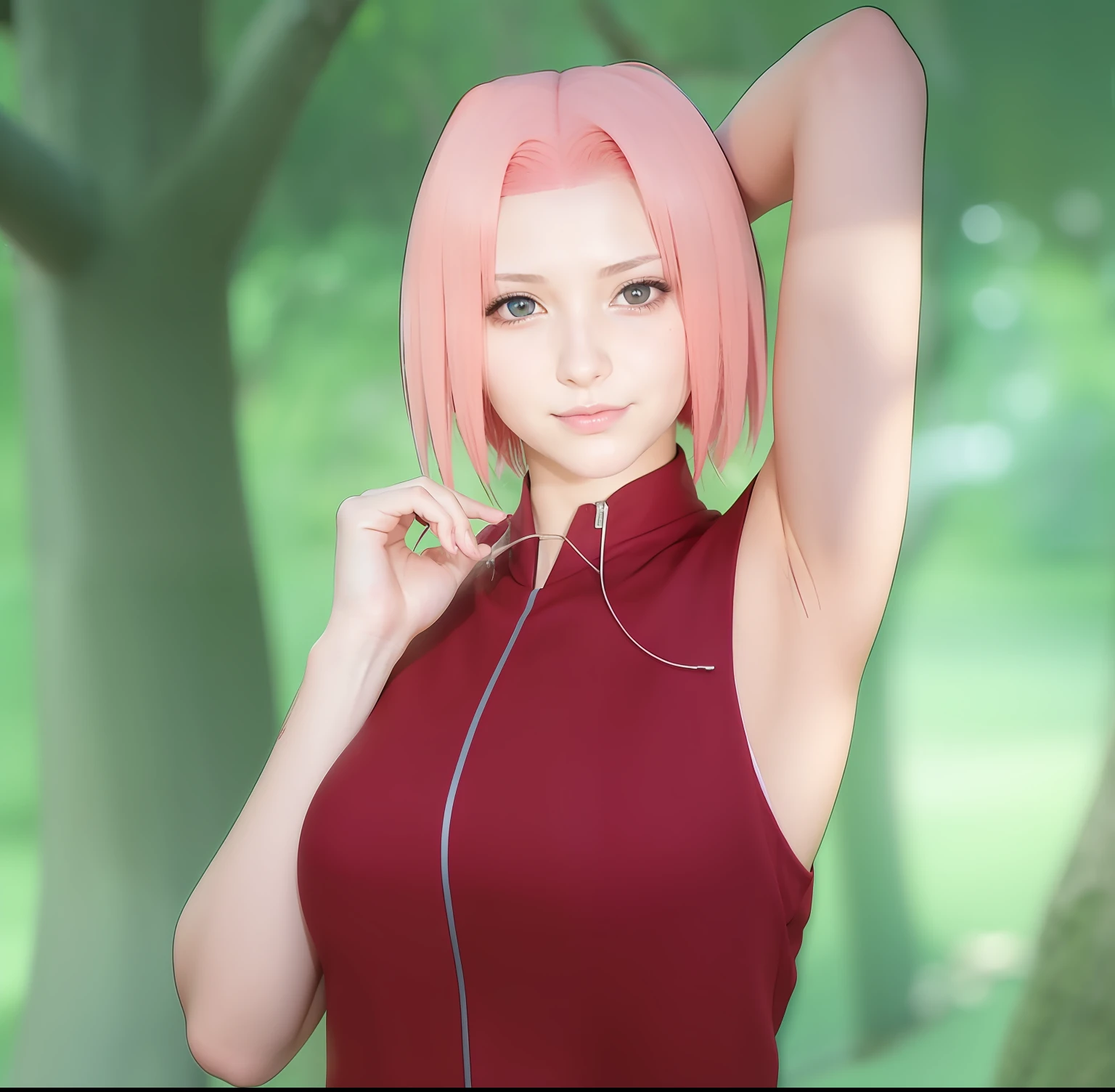 Realistic, Photorealistic,cowboy shot, Sakura Haruno has shoulder-length pink hair, she has emerald eyes, a sharp nose, white skin, and a soft face, (best quality, highres:1.2), 1girl, beautiful detailed eyes, beautiful detailed lips, extremely detailed eyes and face, long eyelashes,   HDR, studio lighting,  sharp focus, physically-based rendering, extreme detail description, portraitig breasts, perfect shape, showing armpit, facing viewer, sweaty, gorgeous, appearing in full frame, sleeveless turtleneck, 1young girls, good-looking, Beautiful fair skin and luster, Beautiful eyes are big and bright, Small mouth and thin lips,  Goodness of style and slenderneseautiful medium breast:1.5),  beautiful girl illuminated by seven colors of light, Irridescent color,, absurdres , forehead mark, red hairband, red sleeveless dress,black panty, navel, groin, bracelet, looking at viewer, smile, cherry blossoms, private garden, wind, floating hair, large breast ,(((wide hips))), toned body, detailed eyes,