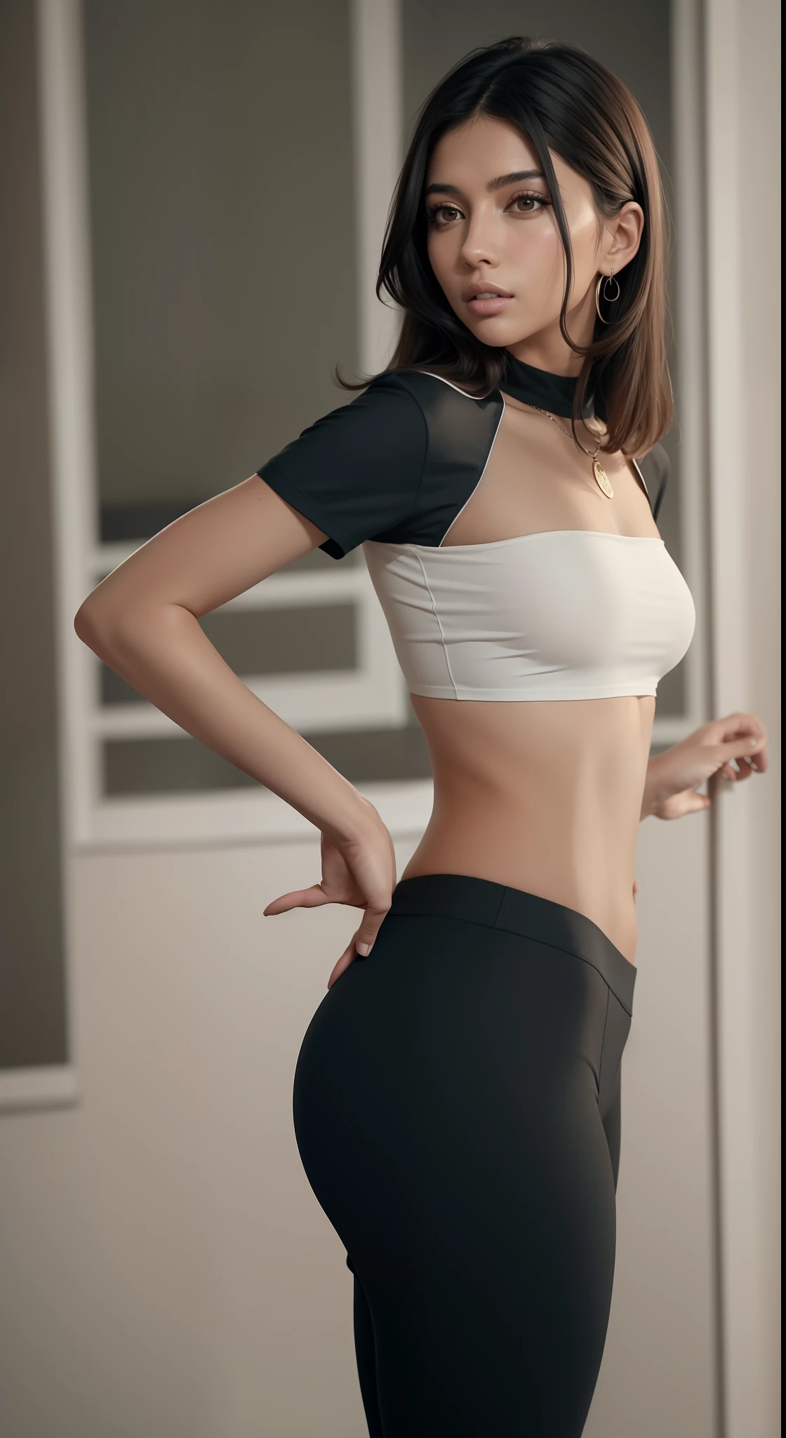 mulher linda de araffe, Supermodelo brasileira, brasileiro, na copa do mundo, fernanda suarez, Caroline Gariba, Ana de Armas, colombiano, Malika Favre, linda senhora, julia sarda, 🇺🇦, Parece Fabiula Nascimento, Dua Lipa, Mulher mexicana bonita arafed em top preto e branco e leggings posando para uma foto, cintura magra e quadris grossos, cintura fina, usando um top cropped sexy, cintura fina, Encaixe figura delicada, cintura fina, recorte de meio corpo, usando um top cropped, usando crop top, roupa apertada, usando roupas simples e apertadas, midriff exposto, fotografia realista, fotografia, obra-prima, realista, Realismo, renderizado, Alto contraste, Arte Digital, fotográficorealista, trend in Artstation 8k HD, high definiton, circunstanciado, Realistic, detalhada, textura da pele, hiperdetalhada, Textura realista da pele, melhor qualidade, ultra high-resolution, (fotografiarrealista: 1.4), alta resolução, detalhada, fotografia crua, Crisp resolution, Nikon d850 filme, fotografia de stock 4, Kodak Portra 400 Camera F1 Lens.6, textura hiper realista, lighting dramatic, Unrealistic trend in Artstation Cinestill 800, RAW. Directed by: Lee Jeffries.