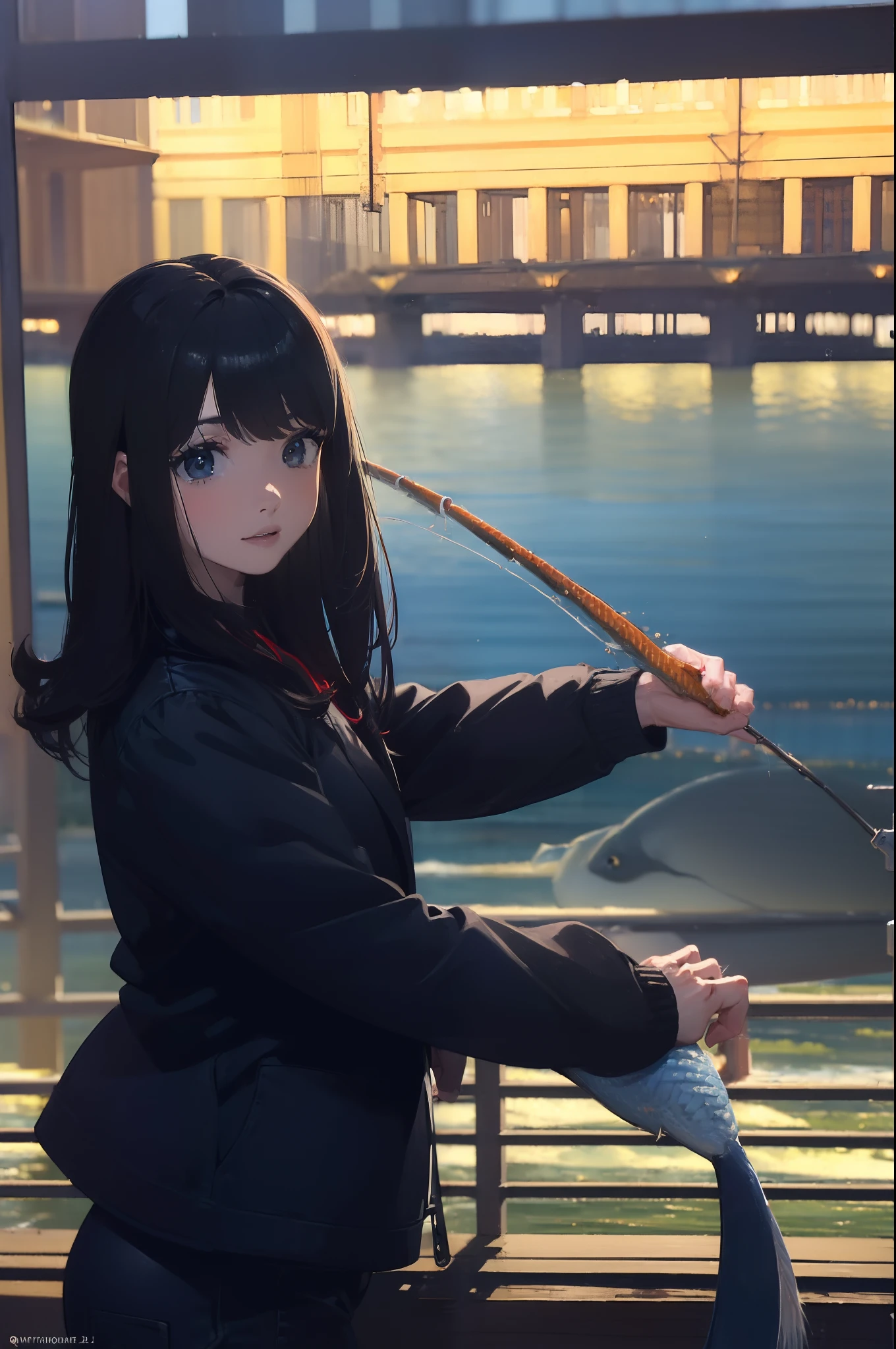 ((((Catching a big fish by the lake:1.5)))),((Female 28 years old)),((Best Quality:1.5)),(((Hands with the correct number and structure of fingers:1.4))),((Big fish:1.37)),hight resolution,ultra-detailliert,​masterpiece,best qualtiy,Eight-headed body,Black hair, long eyeslashes, Solid Circle Eyes, drop shadow, Atmospheric perspective,Super Detail, ccurate, small brest,(Black jacket and black jeans :1.1),top-quality, blurry backround, bokeh dof:1.2, (​masterpiece:1.3),  Atmospheric perspective,Super Detail,dynamic compositions,