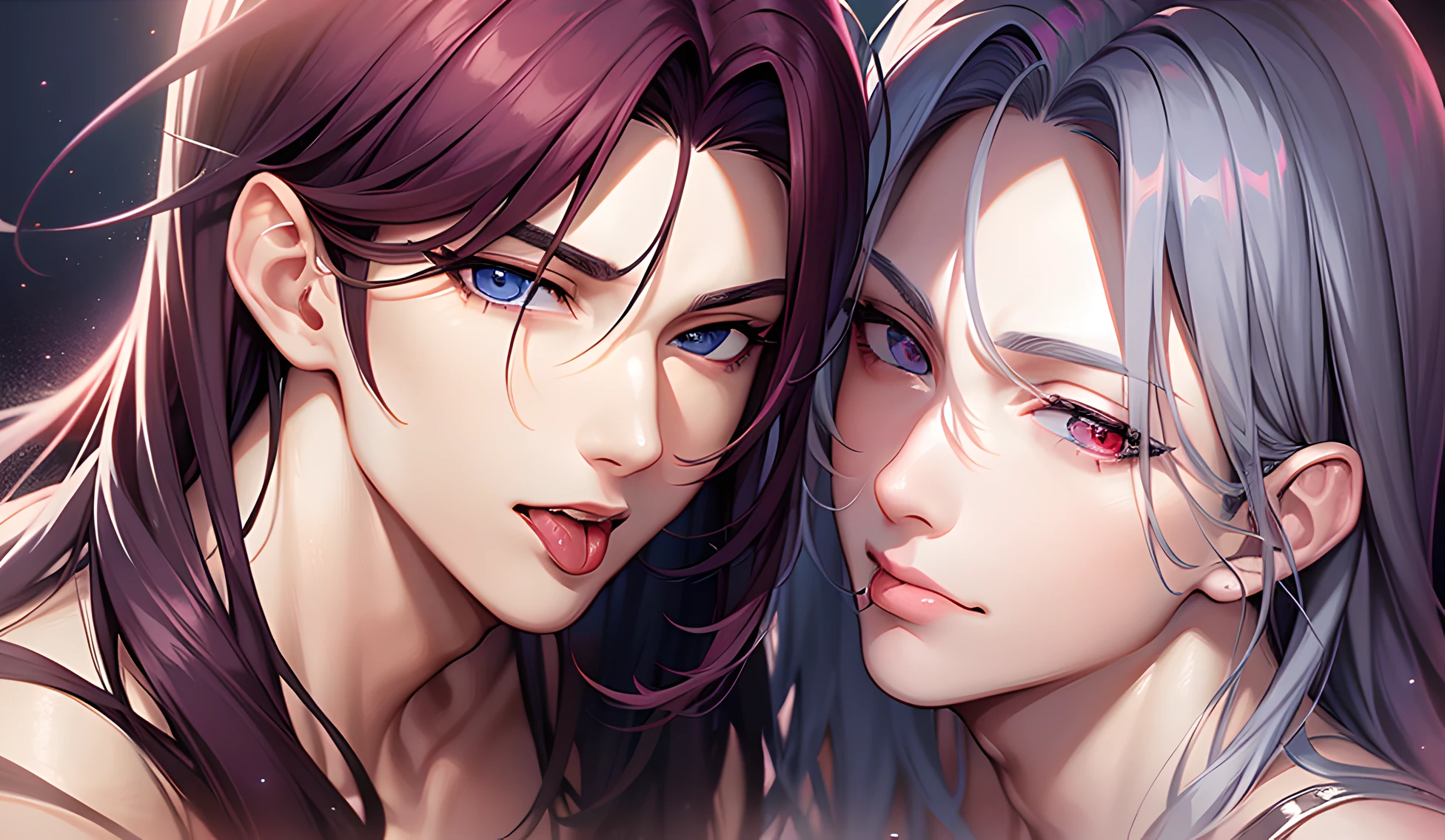 Two men handsome guys in tongue kiss saliva seduce。 Boy Handsome guy。Mad eyes,,perspire,,Be red in the face,