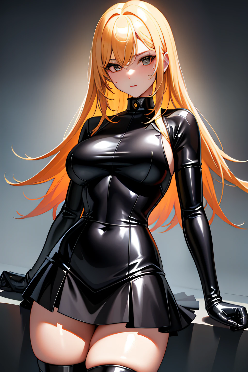 tmasterpiece， Best quality at best， highly  detailed，Latex Combat Suit，goddes，High value，Long legs，slightly fat big breasts，Body photo，pleatedskirt，Yellow hair，Pick and dye your hair，White stockings，revealing the lower abdomen