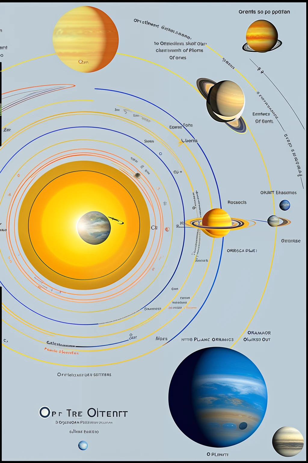 Generate a schematic diagram of the solar system with the orbits of three planets,To embody the center of the sun,What the three planets look like,and planetary orbits