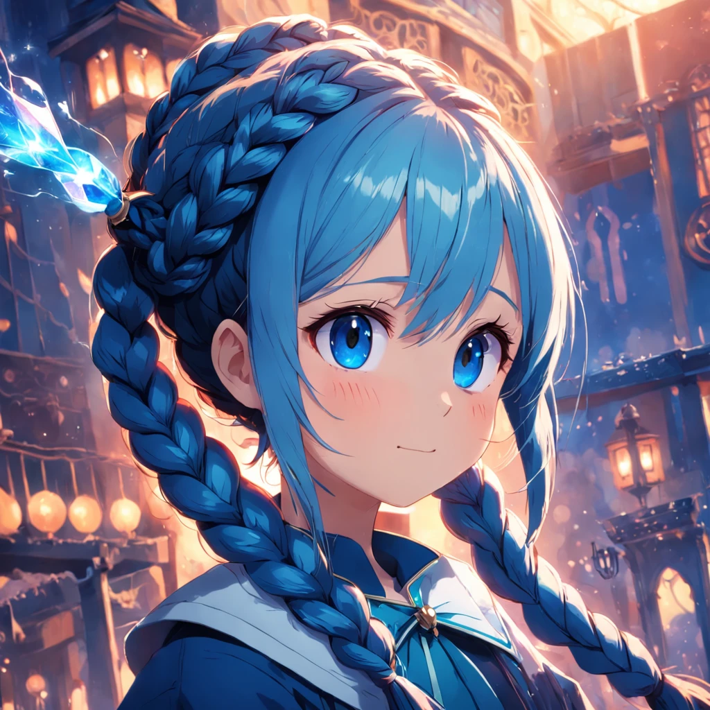 Blue double braid,Magic hat,magical staff,ssmile,1girl,