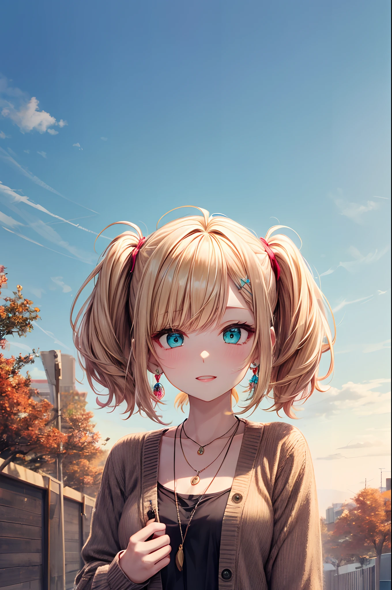 absurderes, (独奏:1.5,)ultra-detailliert,bright colour, extremely beautiful detailed anime face and eyes, view straight on, ;D, shiny_skin,25 years old, Short hair, , asymmetrical bangs, Blonde hair with short twin tails, Shiny hair, Delicate beautiful face, red blush、(Turquoise eyes), White skin, hair clips, earrings, a necklace, Cardigan, Clothes, Brown clothes,skirt by the