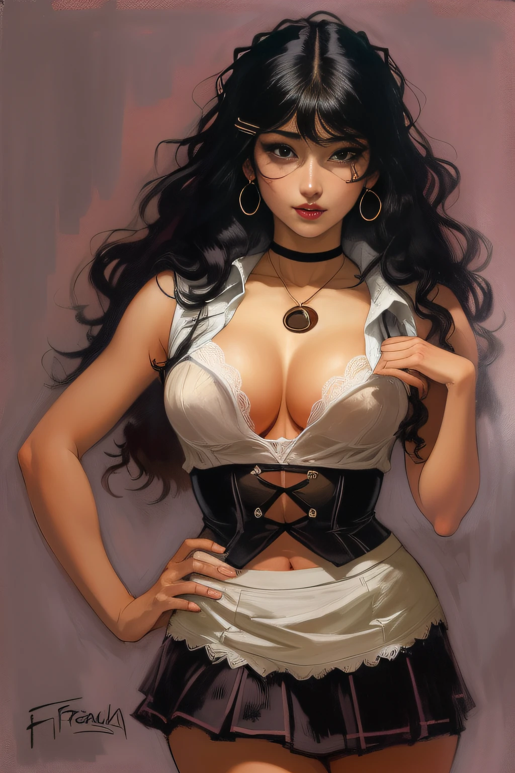 wavy linen miniskirt, lewd schoolgirl, miniskirt, traditional/common face, 19 y/o cutest Caucasian, deep black hair, deep black silken outfit, laced bra, cleavage, hairpin, black background, alluring, seductive, by (Frank Frazetta) (masterpiece)