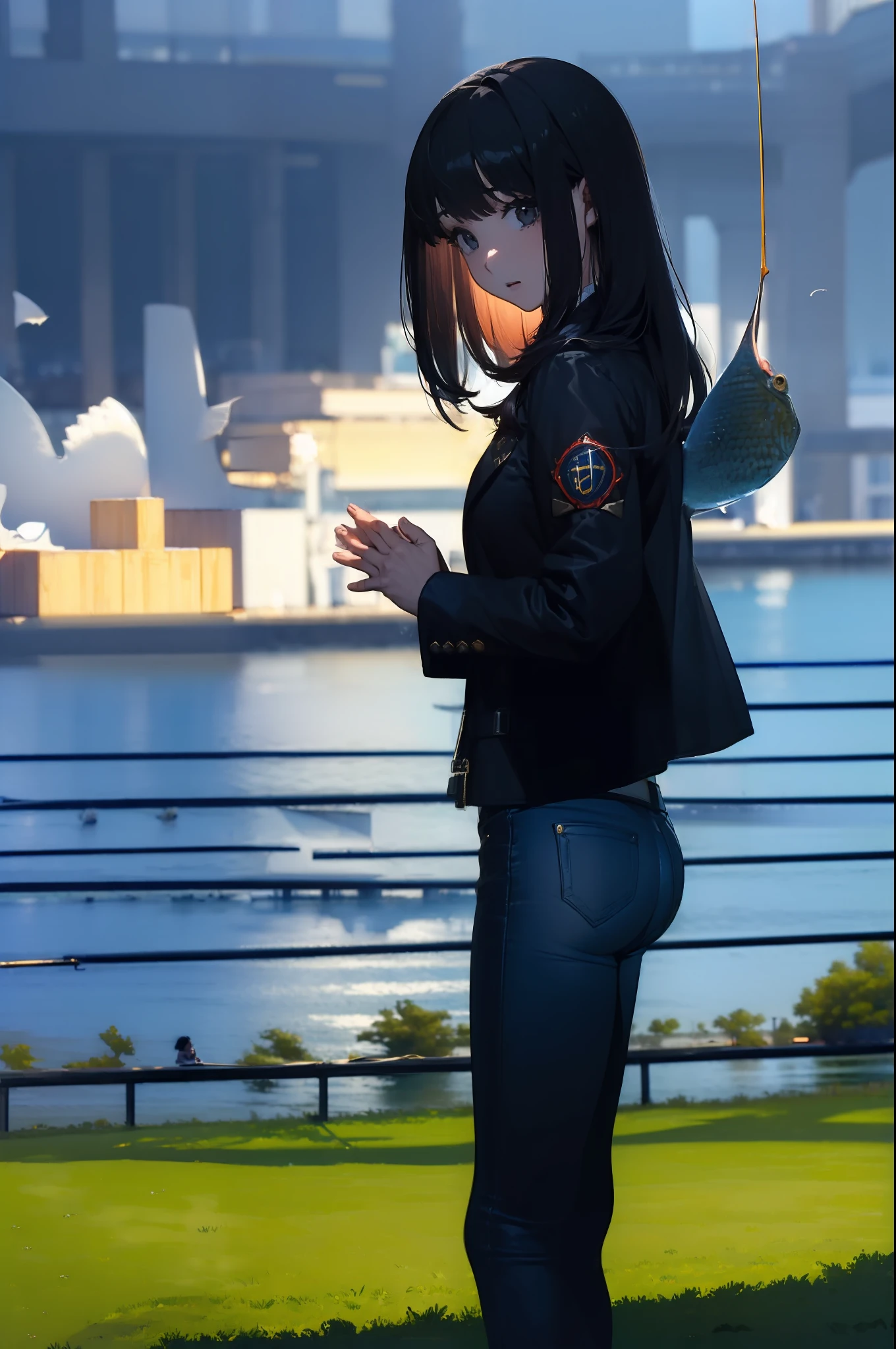 ((((Catching a big fish by the lake:1.5)))),((Female 28 years old)),((Best Quality:1.5)),(((Hands with the correct number and structure of fingers:1.4))),((Big fish:1.37)),hight resolution,ultra-detailliert,masterpiece,best qualtiy,Eight-headed body,Black hair, long eyeslashes, Solid Circle Eyes, drop shadow, Atmospheric perspective,Super Detail, ccurate, small brest,(Black jacket and black jeans :1.1),top-quality, blurry backround, bokeh dof:1.2, (masterpiece:1.3), Atmospheric perspective,Super Detail,dynamic compositions,