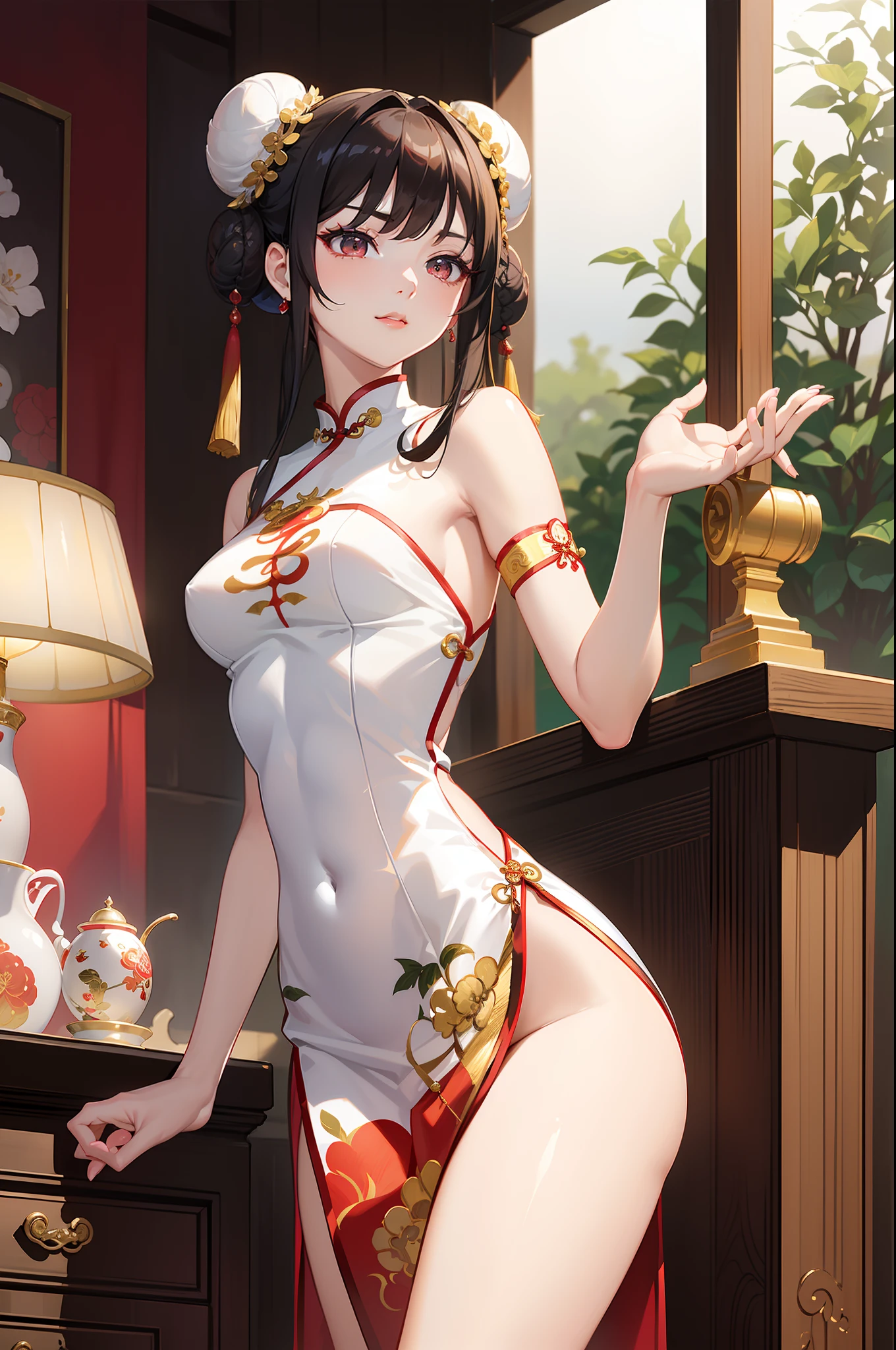 absurderes,(masterpiece、top-quality、8K ),intricate detailes,ultra-detailliert、one girls、A slight smil、(beautiful countenance、long lashes、Slender eyes、Hanging,Lustrous lips:1.4),((double bun hair:1.4)),((red Cheongsam、side slits:1.4)),(Lustrous white skin:1.3)),thighs thighs thighs thighs,Chinese Traditional Room、Hyper realistic,Perfect Anatomy