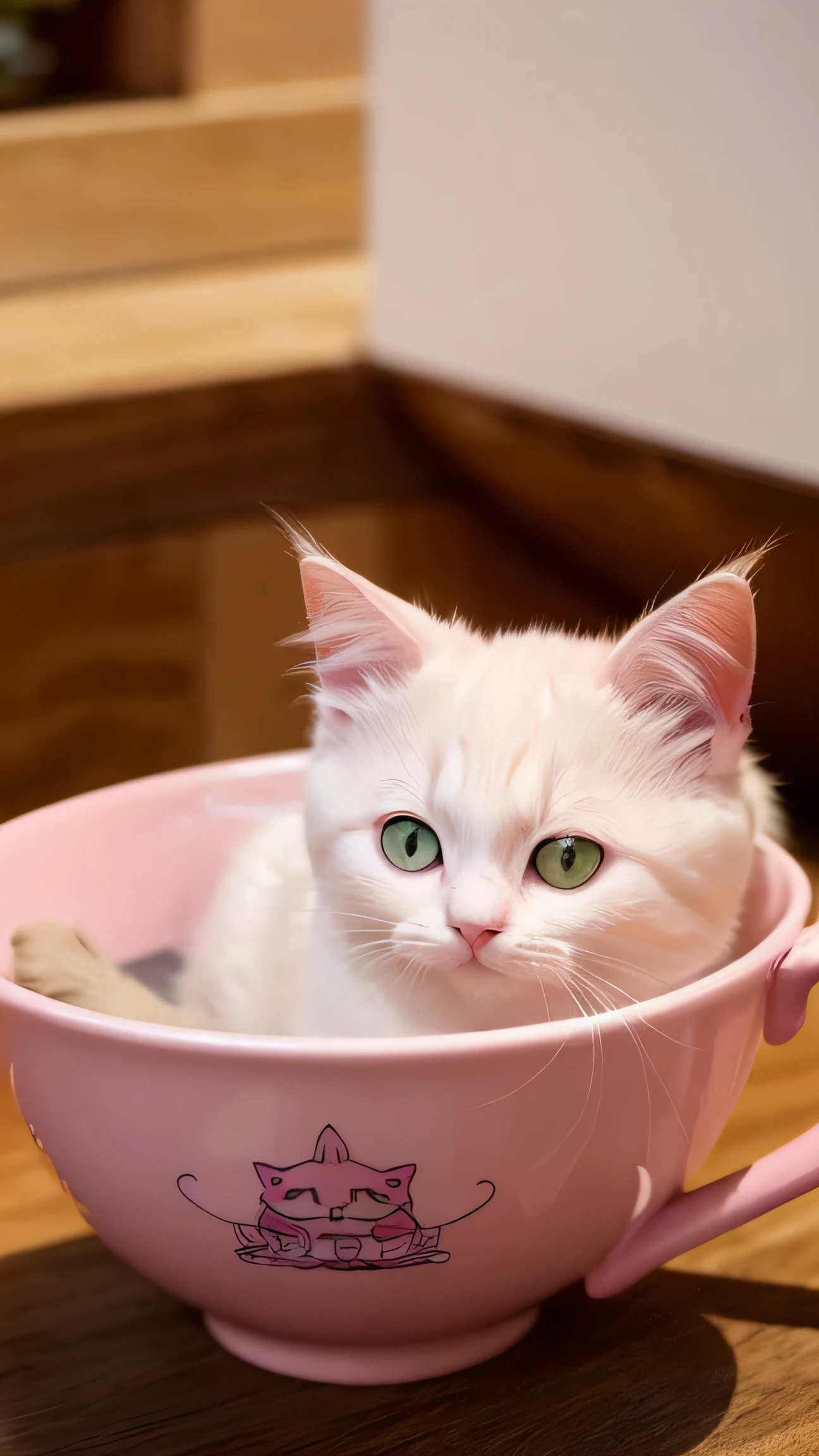 there is a pink cat sitting in a cup with a pink background, the cat is drinking tea, a cat sipping coffee, kawaii cat, cute cat, anime visual of a cute cat, anime cat, very beautiful cute catgirl, cute digital art, cute cat photo, cheshire cat drinking tea, a cute cat, cute detailed digital art, cute kitten