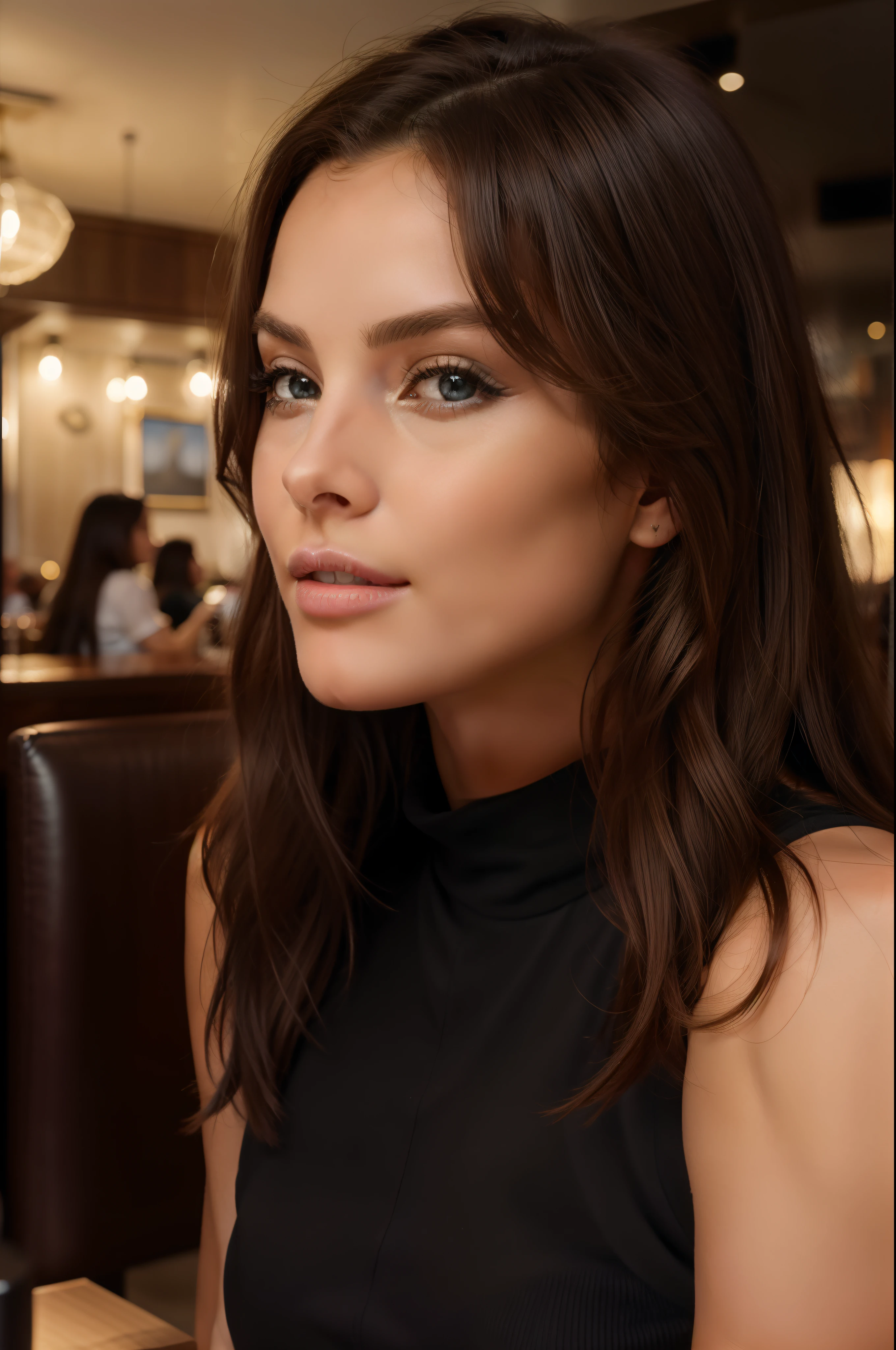 Belle brune aux reflets blonds portant un pull noir (dans un restaurant), Very detailed, 24 ans, visage innocent, natural wavy hair, yeux bleus, High resolution, Masterpiece, Best quality, intricate high detail, highly detailed, mise au point nette, detailed skin, realistic skin texture, texture, detailled eyes, professionnel, 4K, sourire charmant, filmed on Canon, 85 mm, faible profondeur de champ, Couleur Kodak Vision, perfect fit body, Extremely detailed, photographier_\(ultra\), photoreallistic, Realstic, Post-traitement, maximum details, roughness, real life, ultra realist, photorealism, photographie, 8K UHD, photographie