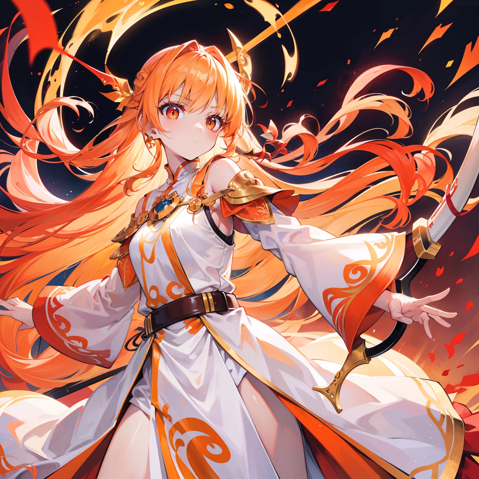 Long orange-blond hair,Warm and silky,Red pupils full of fighting spirit,Armed with a bow and arrow that can shoot the sun,Pure white clothes,Gold-trimmed clothes,She is a beautiful little sister