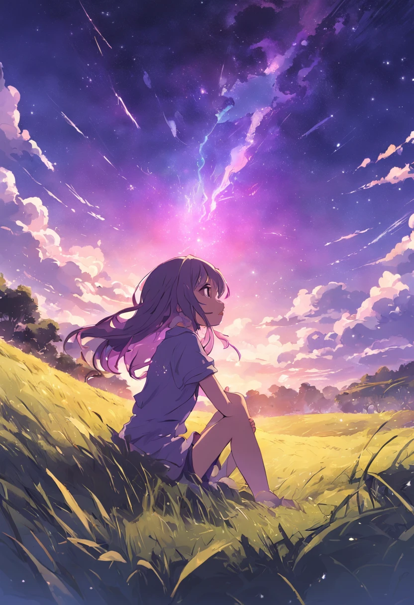 universe, mountain, a good looking women laying in grass and looking at sky, purple aesthetic, trippyart, trippyillustration