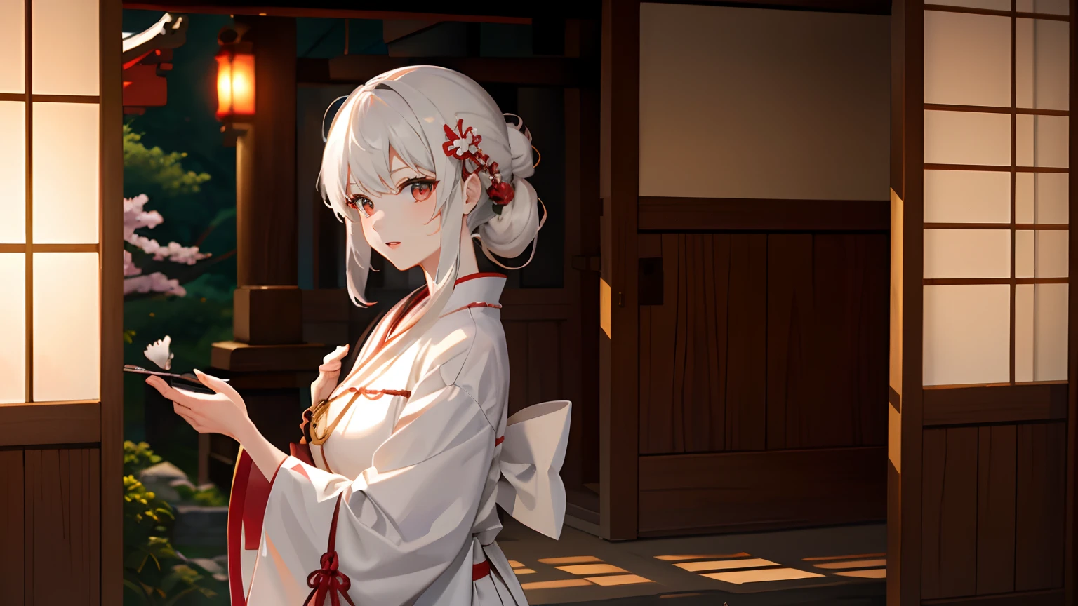 An elegant Japanese shrine maiden, performing her duties at a shrine