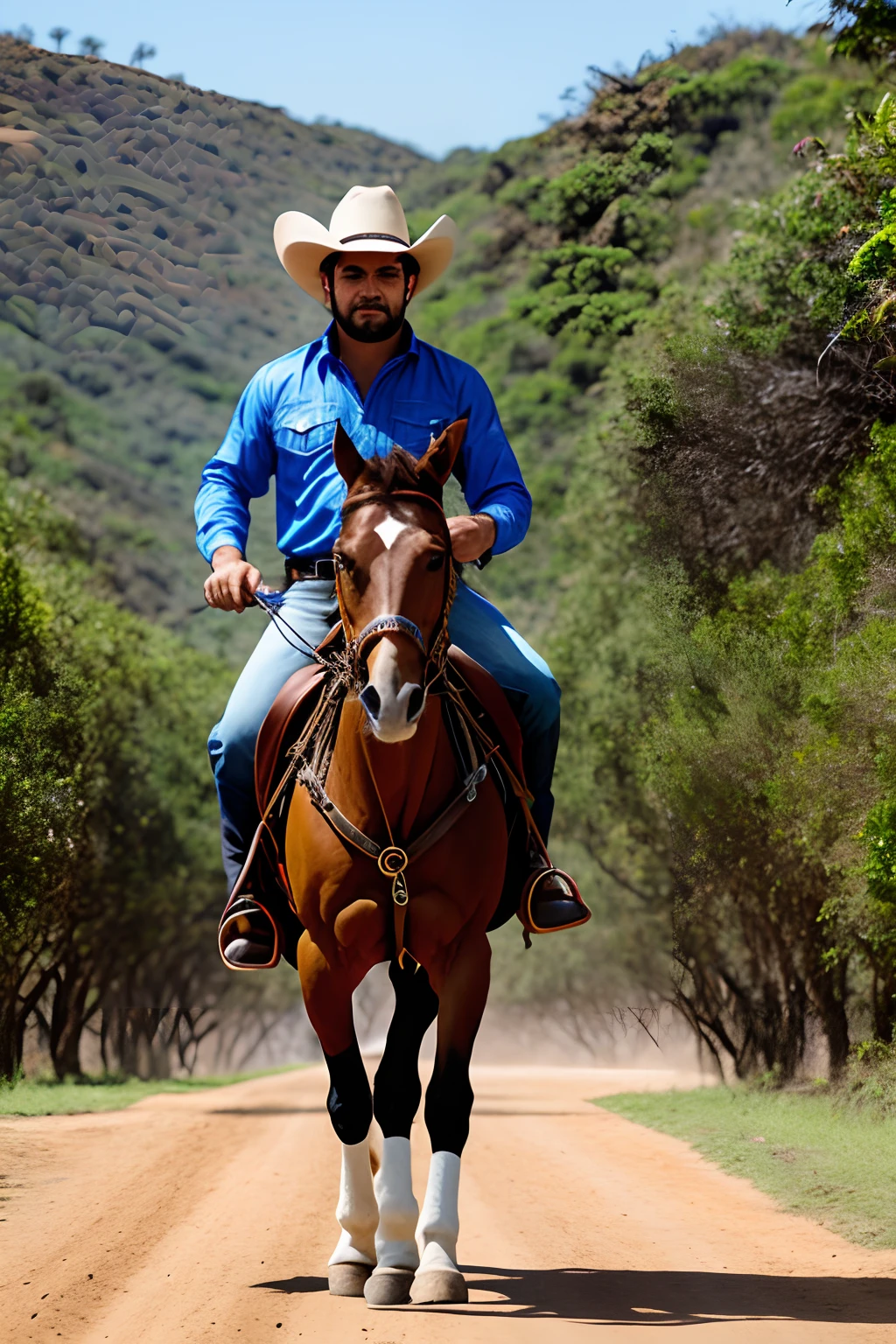 Cowboy moreno olhos castanhos no rodeio com seu cavalo