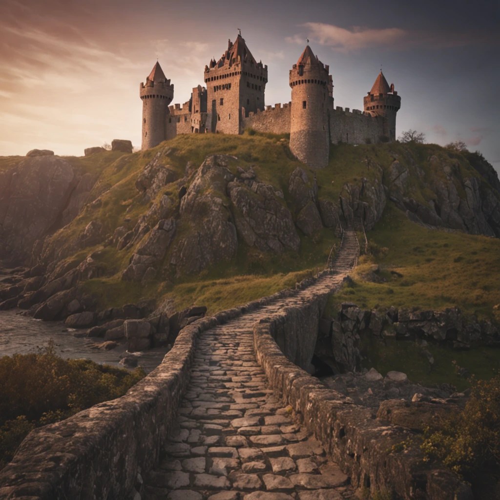 Castle on an isolated island，Broken walls，the sunset,hentail realism，dark fantasy vibe，（tmasterpiece, hyper HD, Complex details, Professional lighting，Original photos）