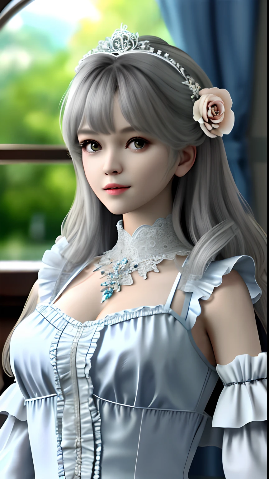 1girl, looking at viewer,
upper body, 3D, realistic,
large breasts, excessively frilled princess dress, draped clothes, jewelry, ornament, flower, lace trim,
masterpiece, best quality, 8k, detailed skin texture, detailed cloth texture,  beautiful detailed face, intricate details, ultra detailed,
rim lighting, side lighting, cinematic light, ultra high res, 8k uhd, film grain,best shadow, delicate, RAW