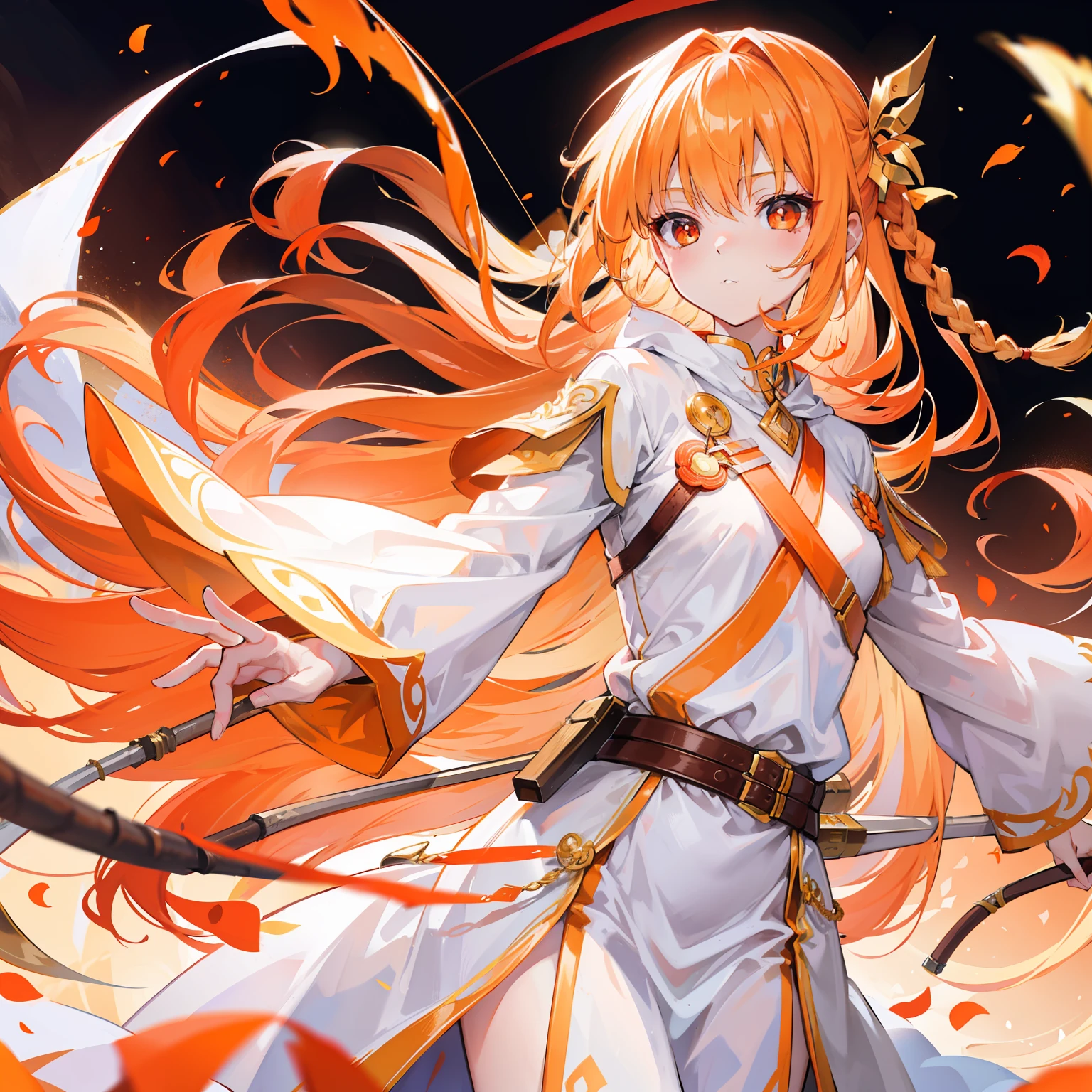 Holding a medieval silver longsword,animemanga girl,Orange pupils,Thin limbs,Immortal birds,short detailed hair,Sit Pose,Frozen