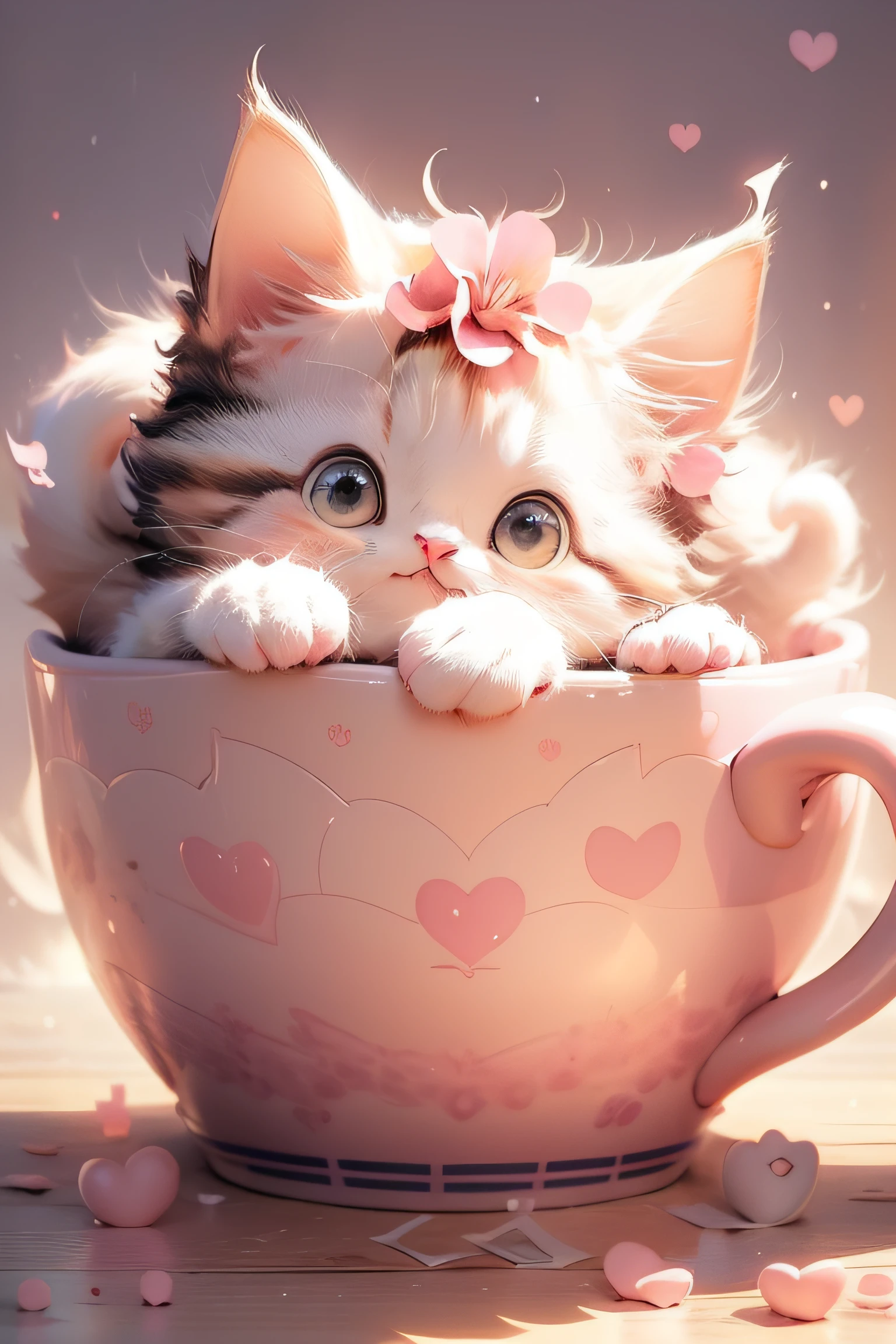 there is a pink cat sitting in a cup with a pink background, the cat is drinking tea, a cat sipping coffee, kawaii cat, cute cat, anime visual of a cute cat, anime cat, very beautiful cute catgirl, cute digital art, cute cat photo, cheshire cat drinking tea, a cute cat, cute detailed digital art, cute kitten, 3d cat