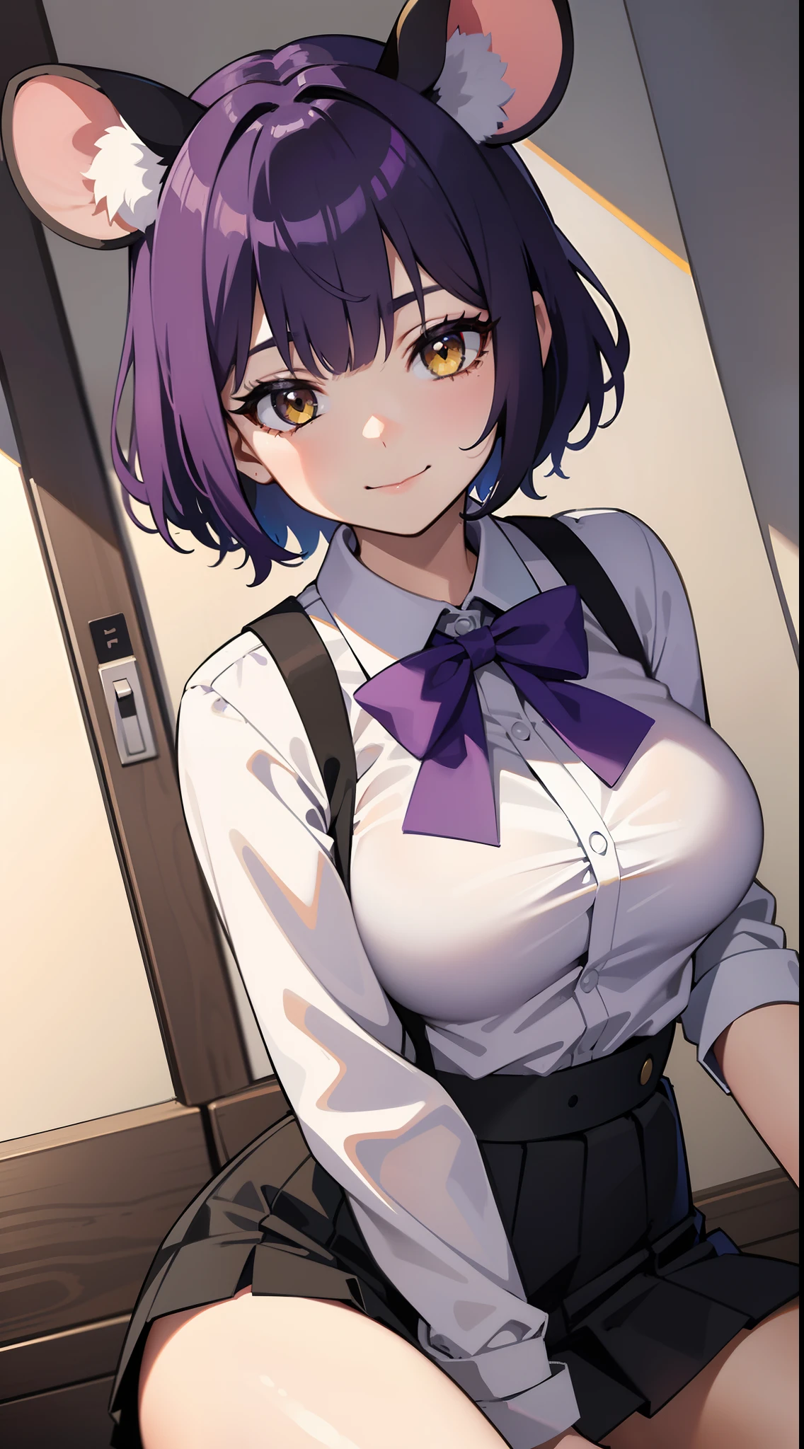 最high quality, high quality, Super detailed, 32k, Ultra-detailed details, waitress(only, Standing, pretty girl, beautiful purple hair, short hair, Beautiful RED eyes, mature, Big Breasts, A light smile, Off-the-shoulder sleeveless Summer メイド服, Summer casual maid clothes, Short skirt, Blue and white color striped underwear, Black knee socks, loafers, My crotch is wet with love juice, 18-year-old,cute), {{A succubus disguised as a waitress approached the target man&#39;s sister, peeled off the skin of the sister&#39;s face, and stuck it on her own face, becoming the waitress succubus&#39;s face., The hem of her skirt is lifted high, exposing her underwear}}, She has transformed from a shy maid into a lewd one., A maid with her sister&#39;s face stuck on her face is vigorously pistoning her body, A maid who moves her body vigorously without caring if her breasts bounce, Super detailed, indoor, Full body image, ((Head to Toe:1.3)), NSFW