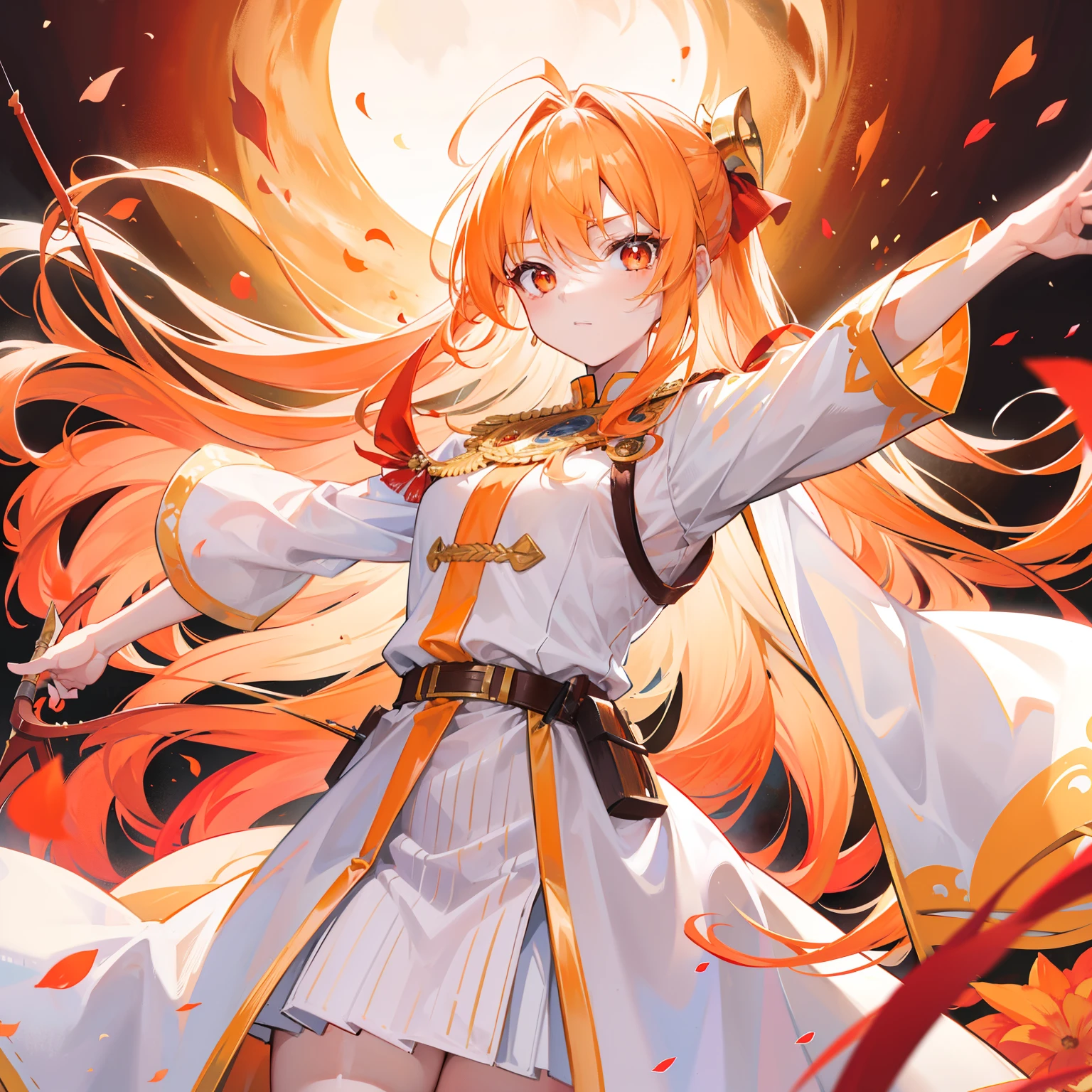 Long orange-blond hair,Warm and silky,Red pupils full of fighting spirit,Armed with a bow and arrow that can shoot the sun,Pure white clothes,Gold-trimmed clothes,She is a beautiful sister