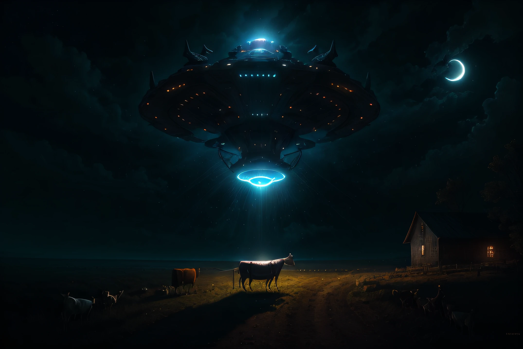 an alien ship abducts a cow with a tractor beam, moonlight, Masterpiece, best quality, distant view, vivid colors, volumetric light, intricate details.