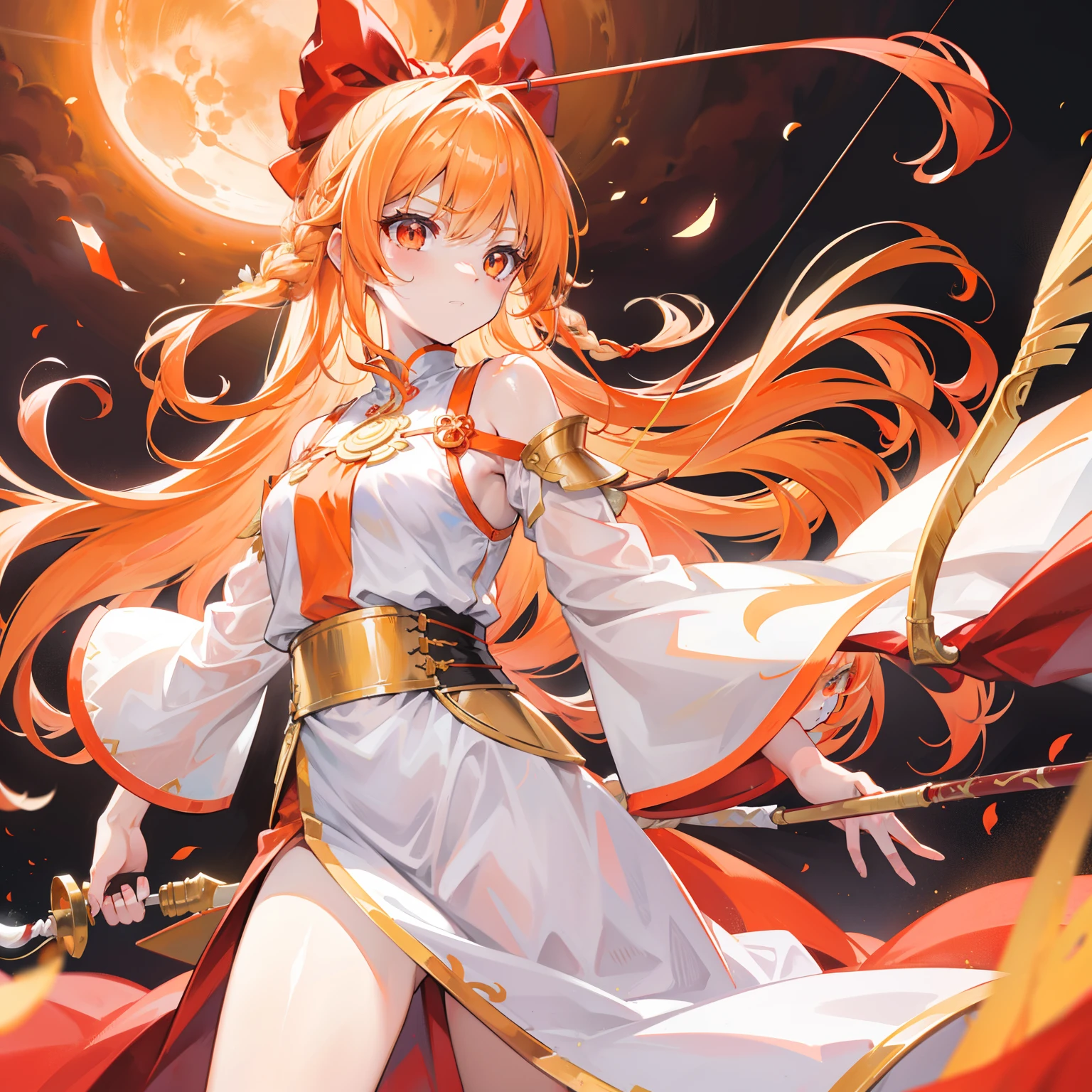 Long orange-blond hair,Warm and silky,Red pupils full of fighting spirit,Armed with a bow and arrow that can shoot the sun,Pure white clothes,Gold-trimmed clothes,She is a beautiful little sister