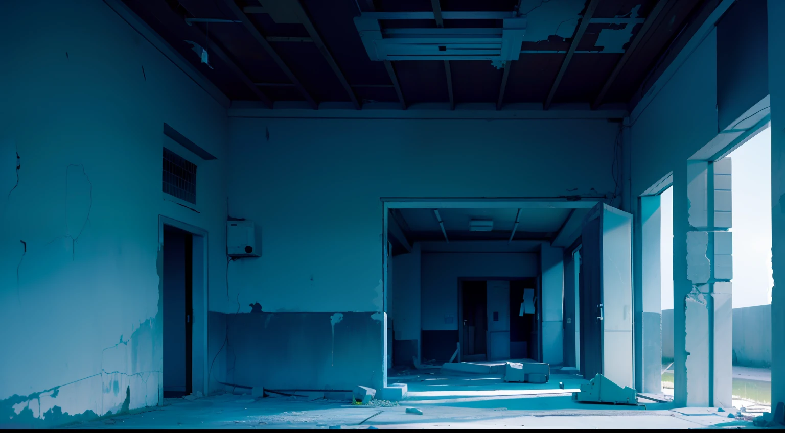 A dilapidated hospital,The surrounding walls fall off,Dim lighting