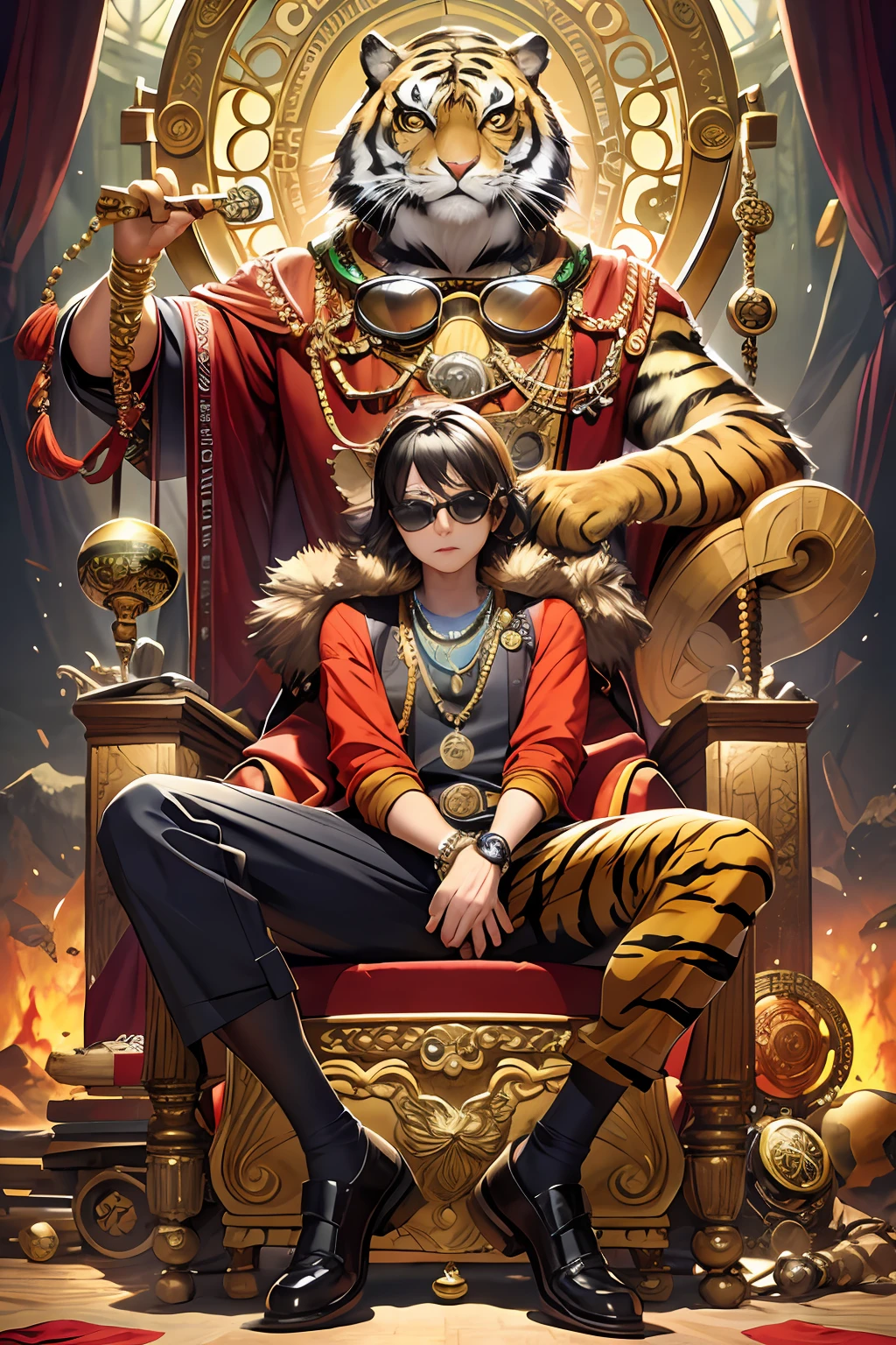 masutepiece, Best Quality, Realistic, Fashion Tiger, Big tiger, Glasses on the head, gear wheel, Pedras preciosas, goggles, gold, Jewelry, Magic Circle, Man's_Focus, owl, Pants, shoes, Sunglasses, tassels, a throne,