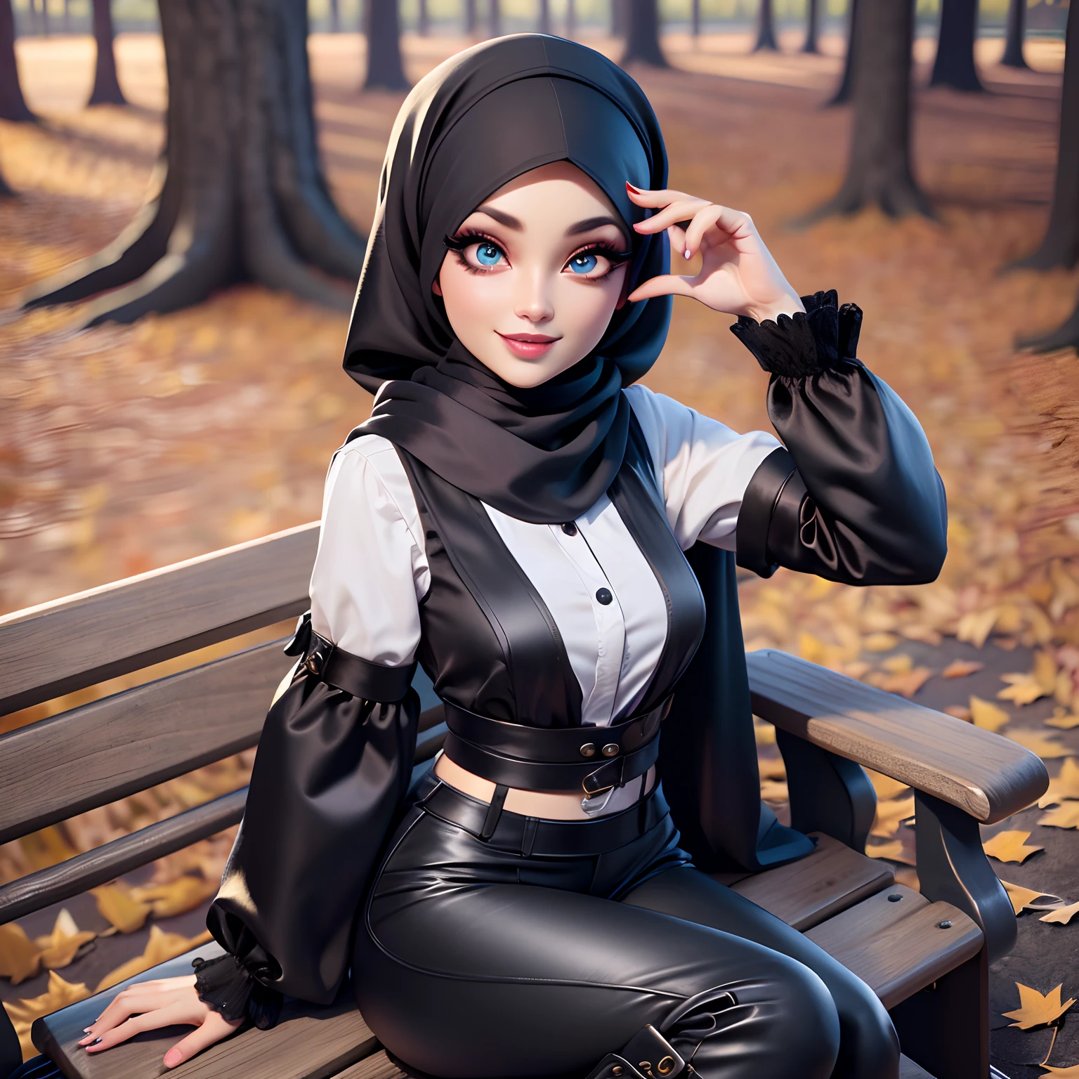 Masterpiece, Best Quality, 3D Rip Artwork, 3DMM Style, Portrait, Realism, a woman beautifully makeup, eyeshadow, Parted Lips, Detailed Eyes, beautiful big eyes, long eye lashes, smile wearing (black satin headscarf), loosely tide hijab style, ((black satin shirt)), satin long pants, dyllic hat, high cut boots, seating on wood bench in a park, autumn fall
