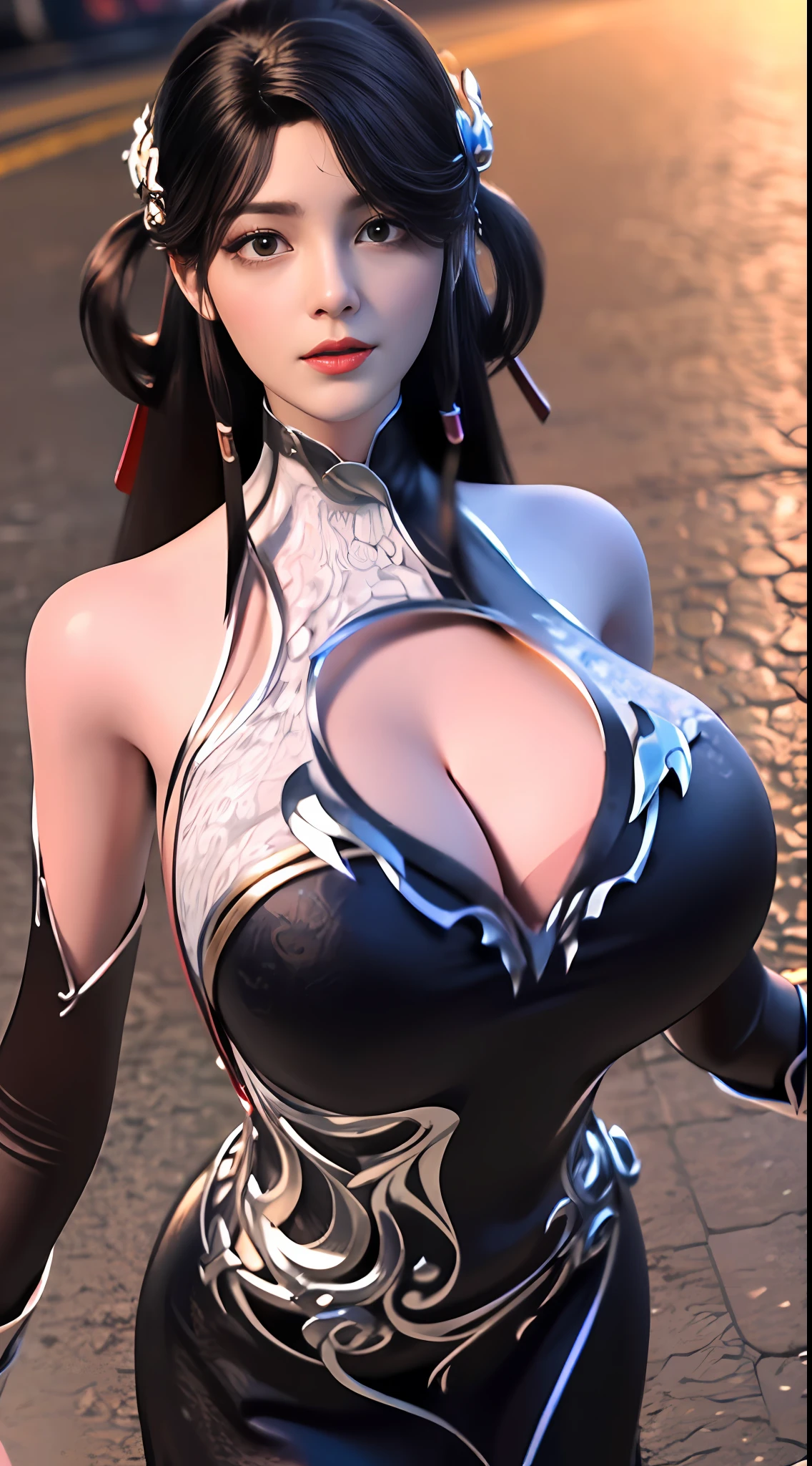 ultra realistic 8k cg, flawless, clean, masterpiece, professional artwork, famous artwork, cinematic lighting, cinematic bloom, perfect face, beautiful face, fantasy, dreamlike, unreal engine 5, science fiction, lace, lace trim, lace-trimmed legwear, luxury, jewelry, diamond, gold, pearl, gem, sapphire, ruby, emerald, intricate detail, delicate pattern, charming, alluring, seductive, erotic, enchanting, hair ornament, necklace, earrings, bracelet, armlet,halo,autumn.
((,1girl, pov,best quality,)) ,((((,1girl, solo, (huge round breasts:1.5), (black:1.5) dress, half body, looking at viewer, walking down on street, solid background, bokeh.))))