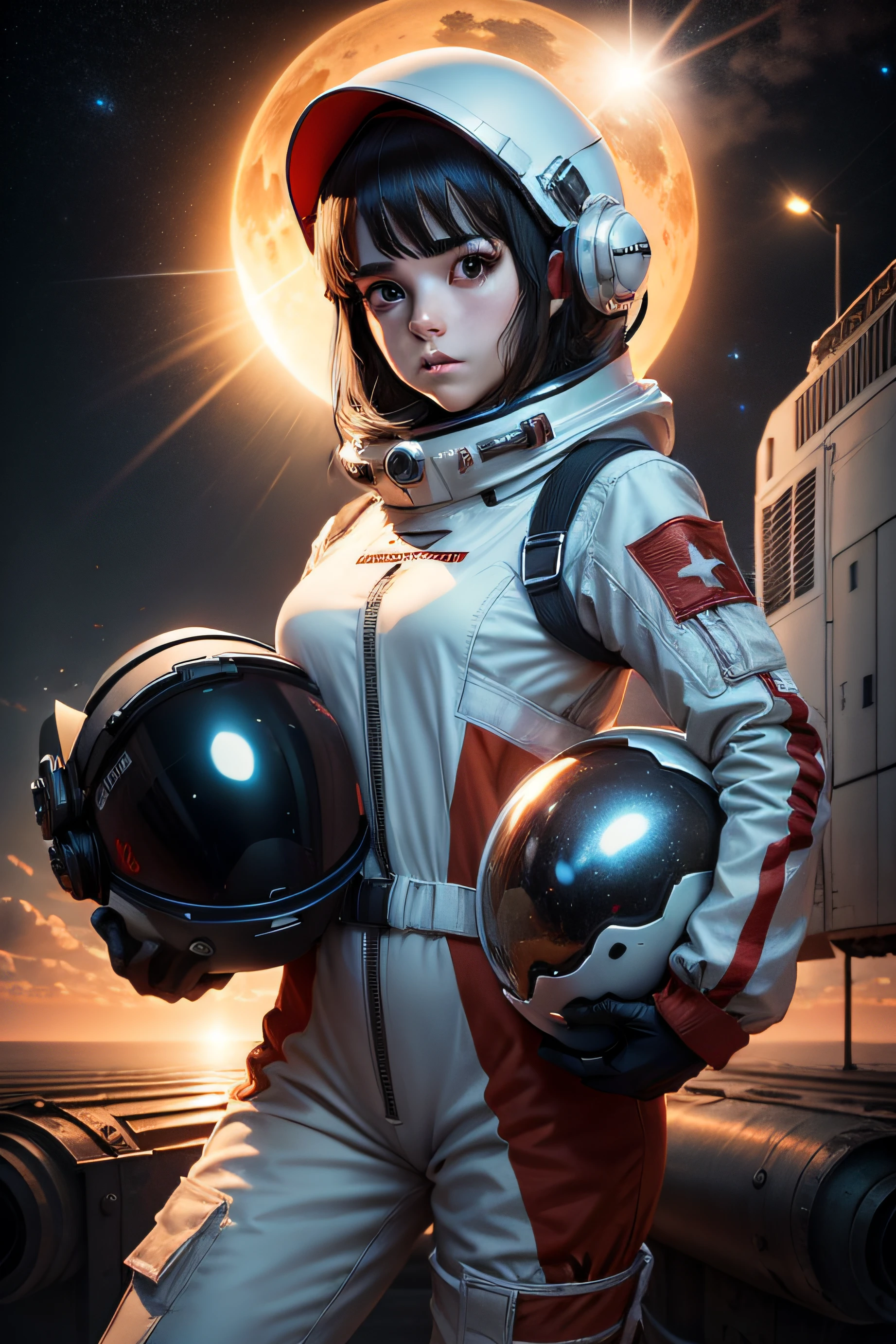 1girl, flat chested, cute, beautiful detailed eyes, shiny hair, visible through the hair, hair between the eyes, CCCPposter, sovietposter, red monochrome, Soviet poster, USSR, communism, black hair, red eyes, vampire ,girl,small breasts,spacesuit:Orange_clothing_body:jumpsuit ), white_gloves, white_space shoes, white_helmet, CCCP scarlet letters on the top of the helmet, weightlessness, Side light, reflection, the person in the spacesuit is at the bottom left of the picture, right hand outstretched, right hand Gently touch the Salyut space station), the space station in the upper right corner of the screen, the reflected light of the sun, silver metal, red flag, brilliance, Soviet style, diffuse reflection, metal texture, blue earth in the distance, mech style, star sea, high-profile, majestic