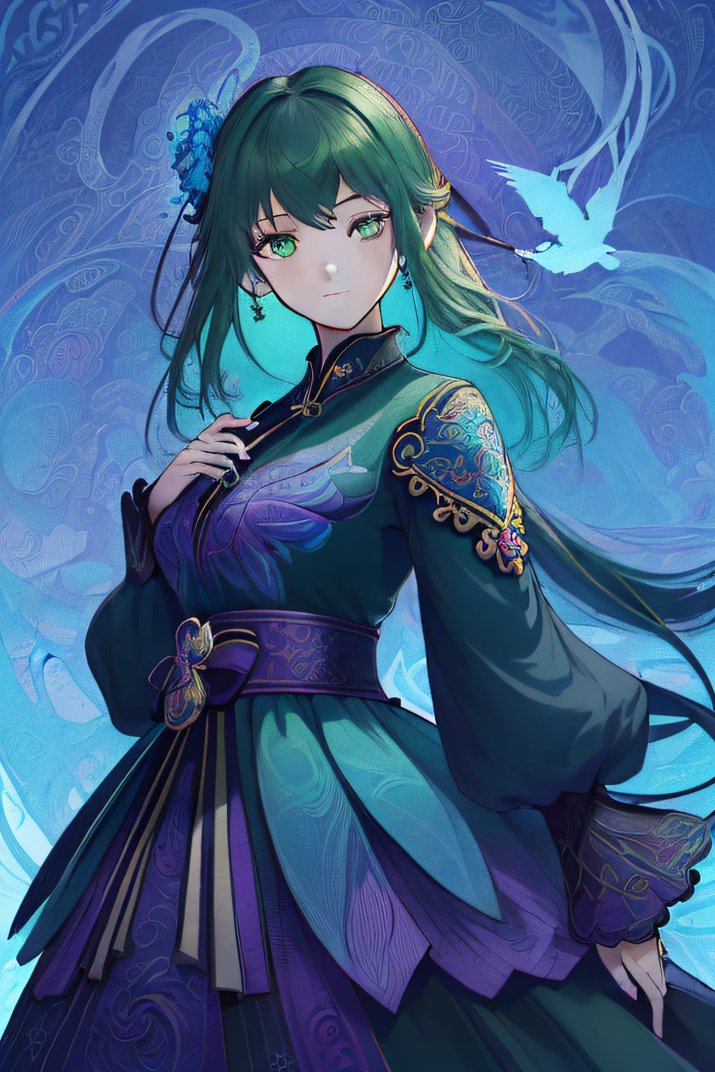 top-quality perfect detailed、((The upper part of the body))、(beautiful and clear background:1.25)、(depth of fields:0.7)、(1girl in、solofocus:1.4)、(Green_Eyes:1.5)、seducting smile、(Dark_Purple_Dress:1.4)、(shinny skin:1.3)、 (Curve:1.1), Volumetric lighting,good lighting,ighly detailed,Highly detailed CG Unity8k wallpaper,illustratio,((beautifull detailed face(masterpiece、top-quality、top-quality、Official art、Beautifully Aesthetic:1.2)、(One girl:1.3)、A highly detailed、(Fractal Art:1.1)、(colourfull:1.1)(florals:1.3)、The most detailed、(Zentangle:1.2)、full body Esbian、(Abstract background:1.3)、(shinny skin)、(Many colors:1.4)、、(耳Nipple Ring)、(pluma:1.5)、)), best qualtiy, (((ultra-detailliert))), high-resolution illustrations, hightquality, hight resolution, Side lighting, ((illustrationbest))), hight resolution,absurderes, ultra-detailliert, intricate detailes, flawless, High detail eyes,Perfect litthing, (extremely details CG:1.2)、perfect anatomia,(Blue background:1.4),(Silhouette of a girl's head, Eyes closed, Colorful long hair, Oriental elements),(Oriental illustration:1.3,paper art:1.3, Quilted Paper Art:1.2),( High-quality design, Clear lines, High Sharpness,Best Quality, ultra-detailliert, masutepiece, Movie Light Effects, 4K 8K ),Full body photo,themoon,bird flocks,frontage