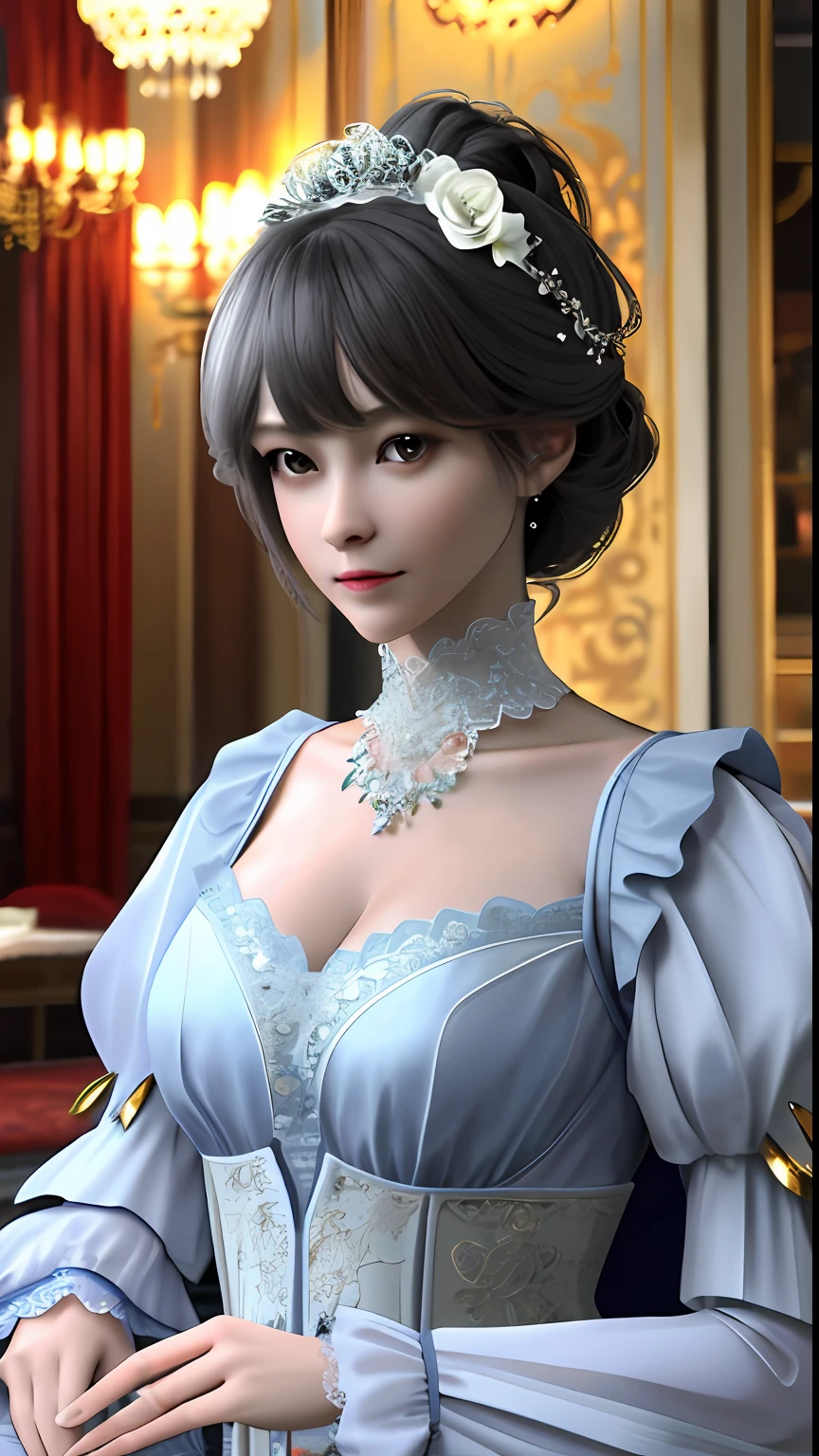 1girl, looking at viewer,
upper body, 3D, realistic,
large breasts, excessively frilled princess dress, draped clothes, jewelry, ornament, flower, lace trim,
masterpiece, best quality, 8k, detailed skin texture, detailed cloth texture,  beautiful detailed face, intricate details, ultra detailed,
rim lighting, side lighting, cinematic light, ultra high res, 8k uhd, film grain,best shadow, delicate, RAW