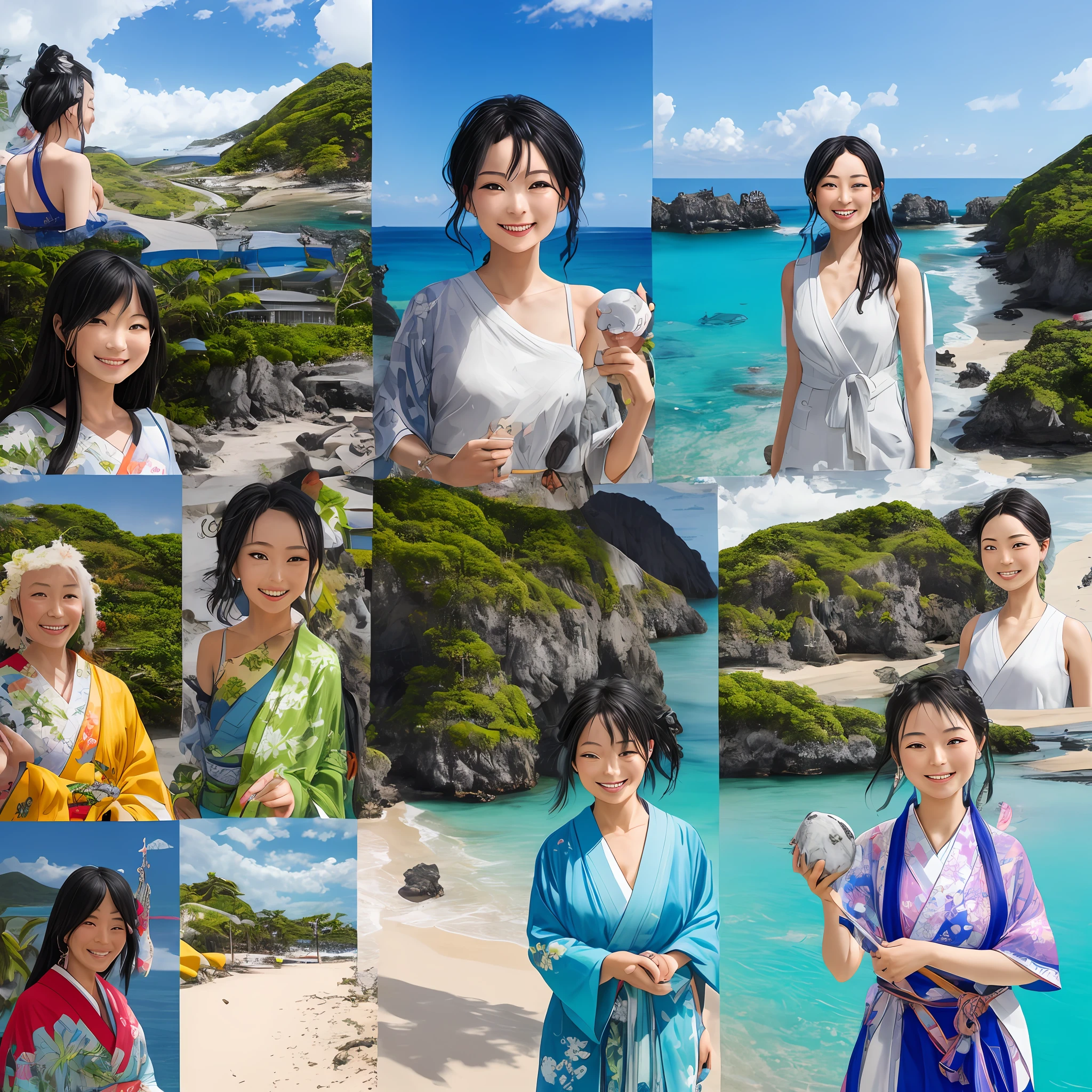 「AI prompts to express Okinawan beauties:
Fusing Okinawa's natural beauty and culture、Create a female figure with a beautiful smile。Let your black hair shine with the sun、Transparency in the color of the sea、And the history of the Ryukyu Islands should depict appearances and personalities that convey intelligence and dignity.。」