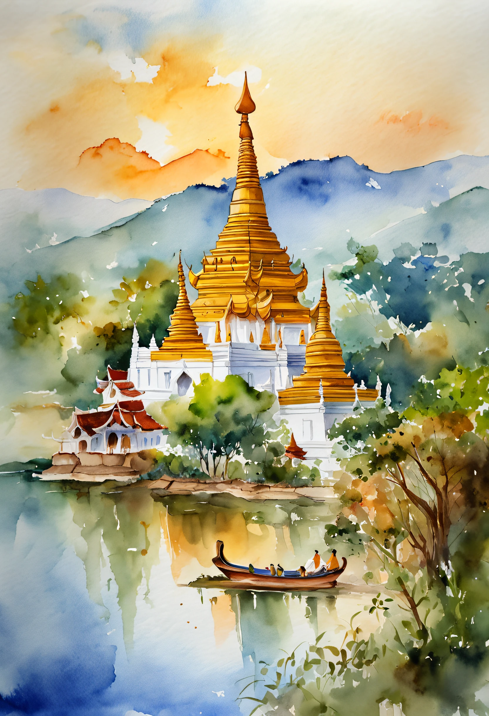 landscape of Myanmar, white pagoda and monastery on the hill, intricate image
