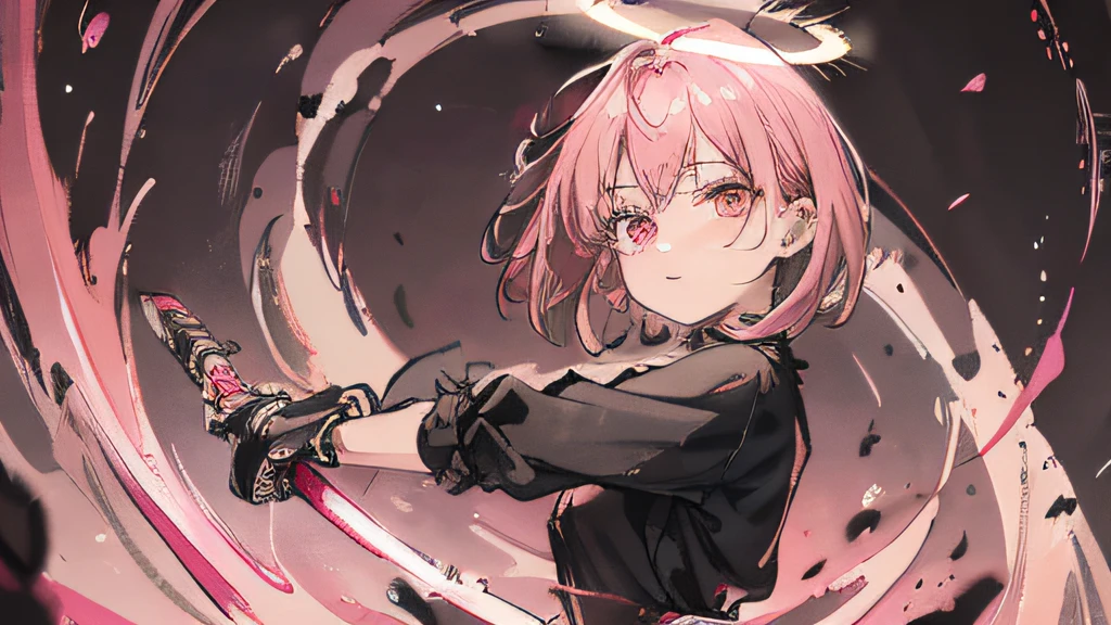1girl, short pink hair, pink eyes, wearing black dress, absurdres, high res, ultrasharp, 8K, masterpiece, looking at viewer , have angelic pink halo , holding a sword