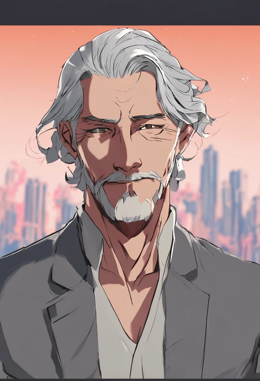 Gray hair like clouds,Untied bun,A jasper wipe on his forehead tuck a white hair behind his head without a trace,Naturally draped,The facial features are handsome to the point of enchantment,The whole person is also clean and tidy。