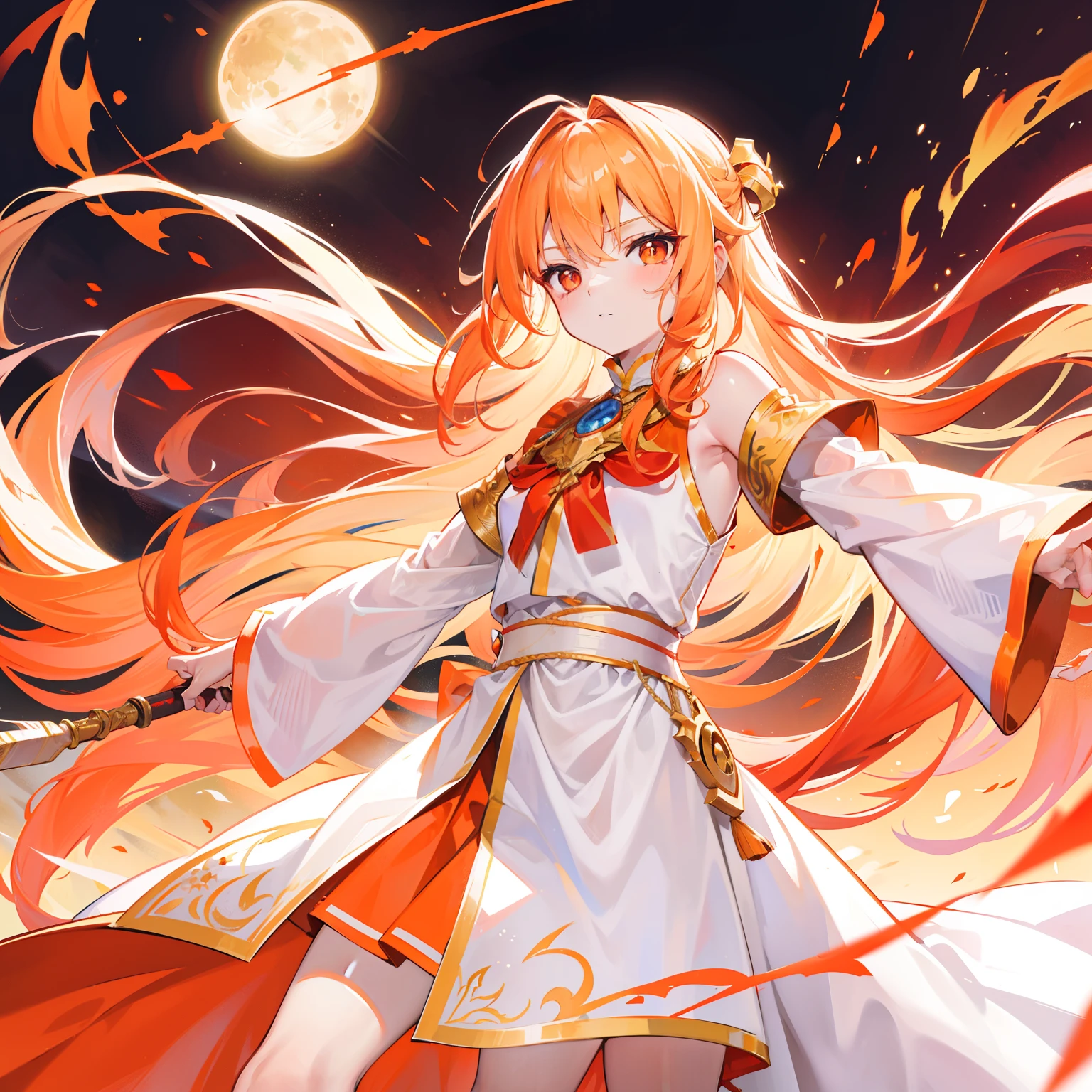 Long orange-blond hair,Warm and silky,Red pupils full of fighting spirit,Armed with a bow and arrow that can shoot the sun,Pure white clothes,Gold-trimmed clothes,She is a beautiful sister