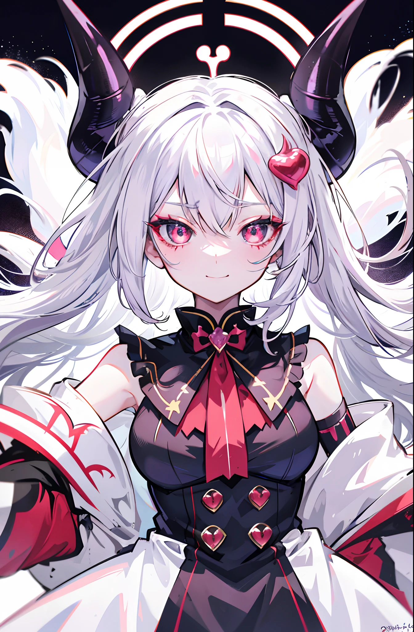 hair bobbles, long eyelasher, solid circle eyes, Light smile, Ear blush, Fang, Silver hair, Heart-shaped pupils, hair pin, mismatched sclera, Evil smile, Anime style, 8K, Super detail, ccurate, Best quality, hyper HD, 4K,Anime girl with horns and bow tie in white costume, With horns, girl design lush horns, cute horns, demon anime girl, white horns queen demon, mika kurai demon, Demon Girl, demon horn, demon white horns, detailed anime character art, portrait of demon girl, dnd portrait of a tiefling, Anime monster girl, oni horns, devil horns,Wearing a white coat