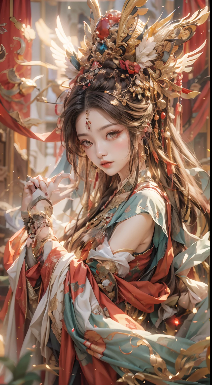offcial art,Extremely detailed,oil painted,sputtering,1girll,The facial features are delicate and beautiful, non blurry,Red eyeshadow,light make-up,Gorgeous damask and silk accessories,Gorgeous feathers and headdresses,Chinese immortals,Female fairy,The sleeves flutter,The scarf flutters,Light smile,The girl is in the center of the frame,Full of fairy,The is very detailed,Ultra-high sharpness,超高分辨率,8K,Ray traching,lightand shade contrast,Deng Huang mural,realisticlying,。.。.。.3D,Full body photo,