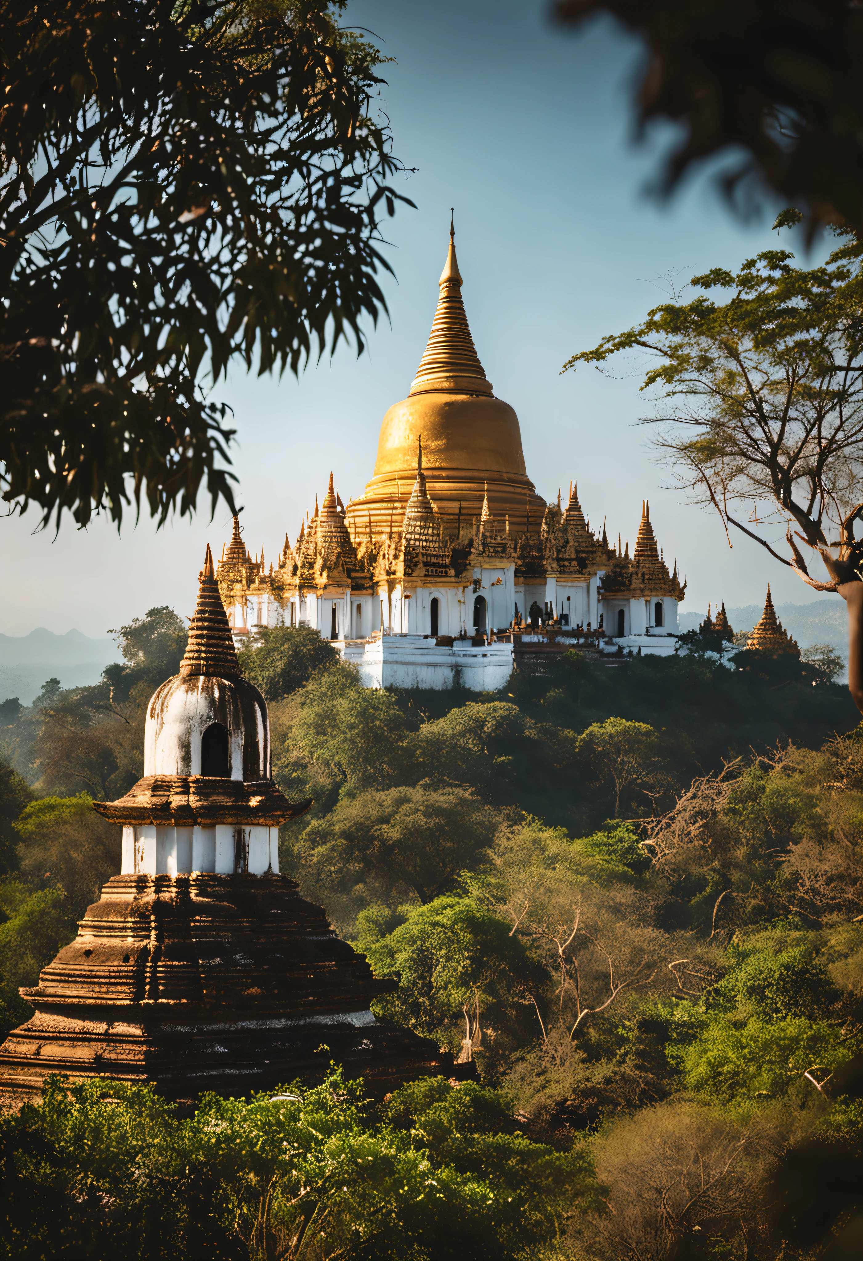 landscape of Myanmar, white pagoda and monastery on the hill, intricate image
