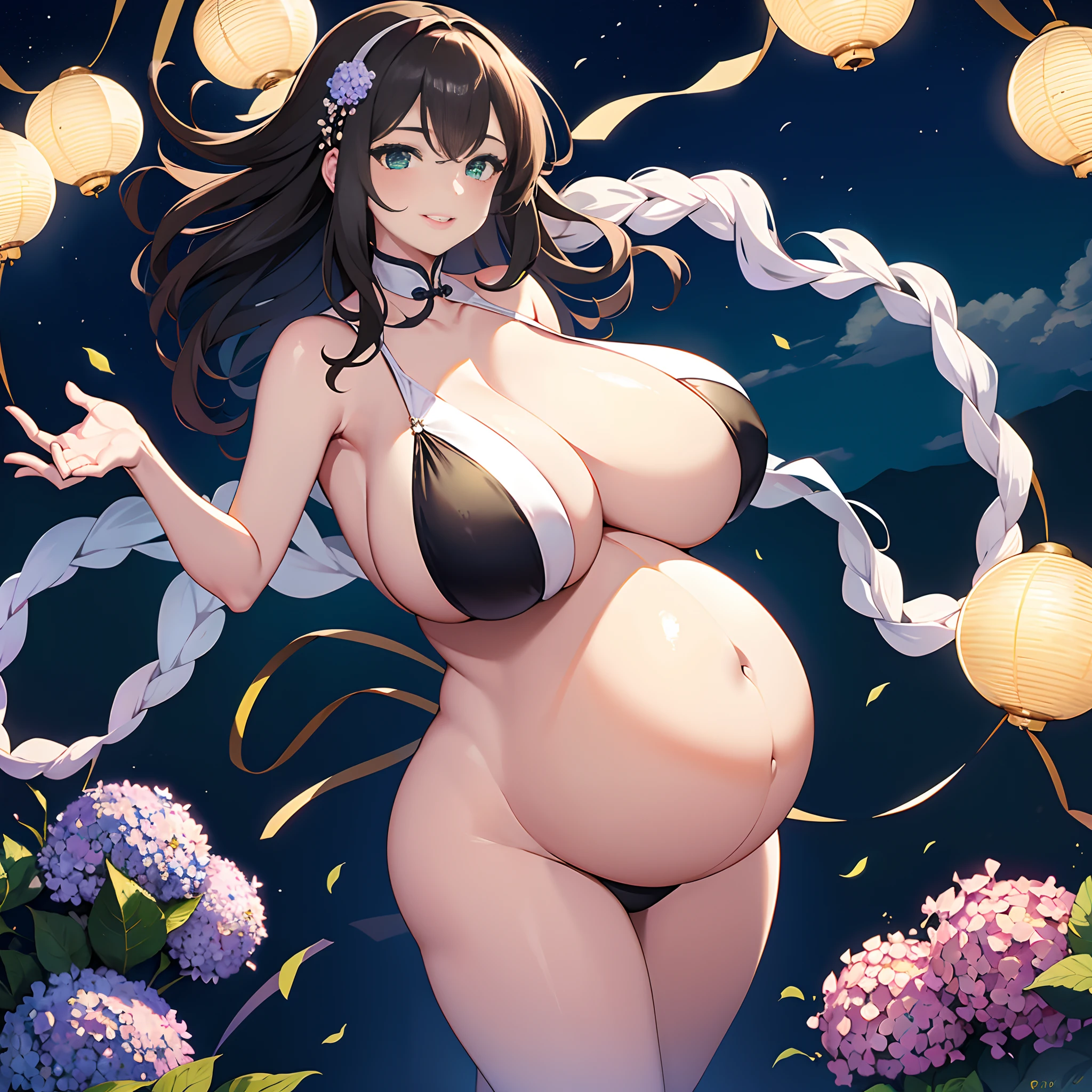 Masterpiece, Best quality, Night, full moon, 1 girl, Mature woman, Chinese style, Ancient China, The beautiful man looked at her pregnant belly and smiled, Big Baby Bump pregnant, Bigboobs, Nippur,Big black balloon big pregnant belly, Big Pregnant girl, Largest Belly of Pregnant, Huge Pregnancy, Huge 60 months gestational belly,Brown hair, Princess cut, Single strips of fried dough twisted braid, Coiled hair, Double ball head, Light pink lips, calm, Intellectual, mid hair, green pupills, Hairpin, hydrangea,