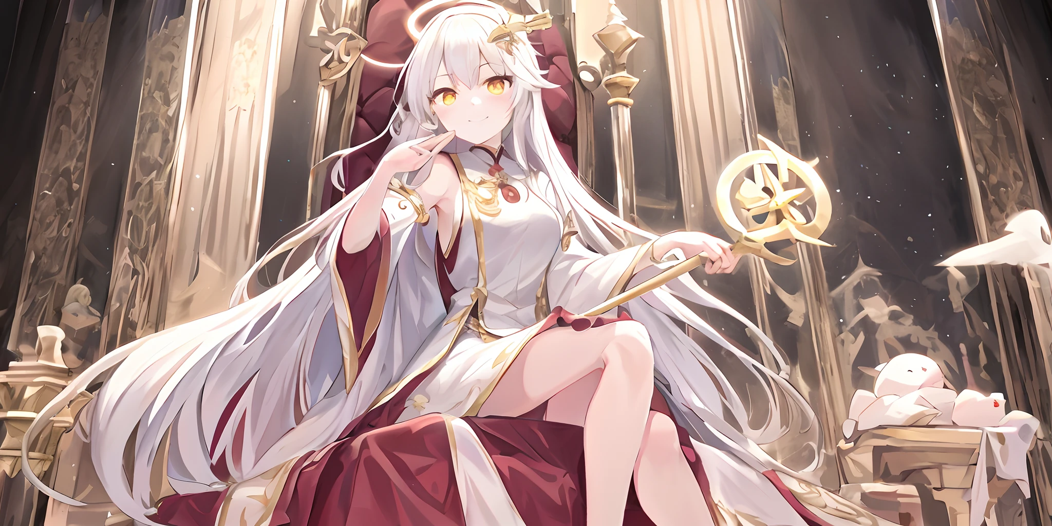 one-girl,On the scepter,seated on a throne,((A big, Light white red robe,The pattern is complex)),(独奏),(cute anime face),Gold eyes,long white hair,ssmile,The halo,(Sit on a low throne),In a magnificent castle,A high resolution