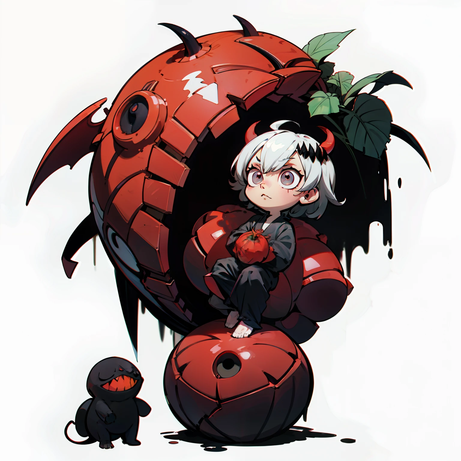 masutepiece, Best Quality, Full body shot, No background, White background, Followers of the devil, Chibi, Giant carnivorous plants, black and red, devil, black and white eyes, kuroshirome