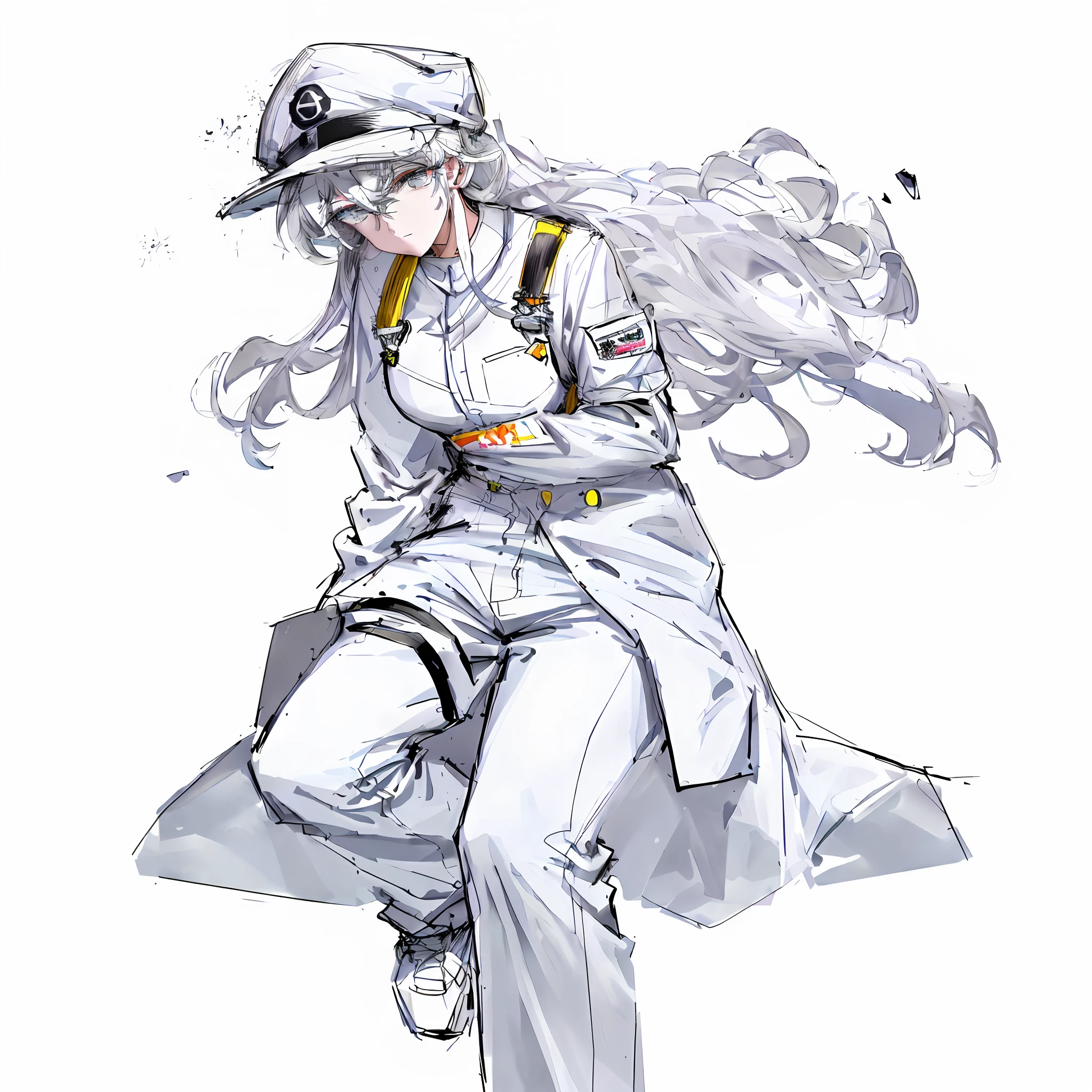 Cells at Work! Code Black,leukocyte,(Masterpiece, Absurd quality, Best quality, offcial art, Beautiful and aesthetic:1.2), extreme detailed details,highest details,((White work attire top and White overalls)), white long hair, Beautiful and delicate white eyes, (((White baseball cap))),Be red in the face,Blood stained on the face,looking at viewert,