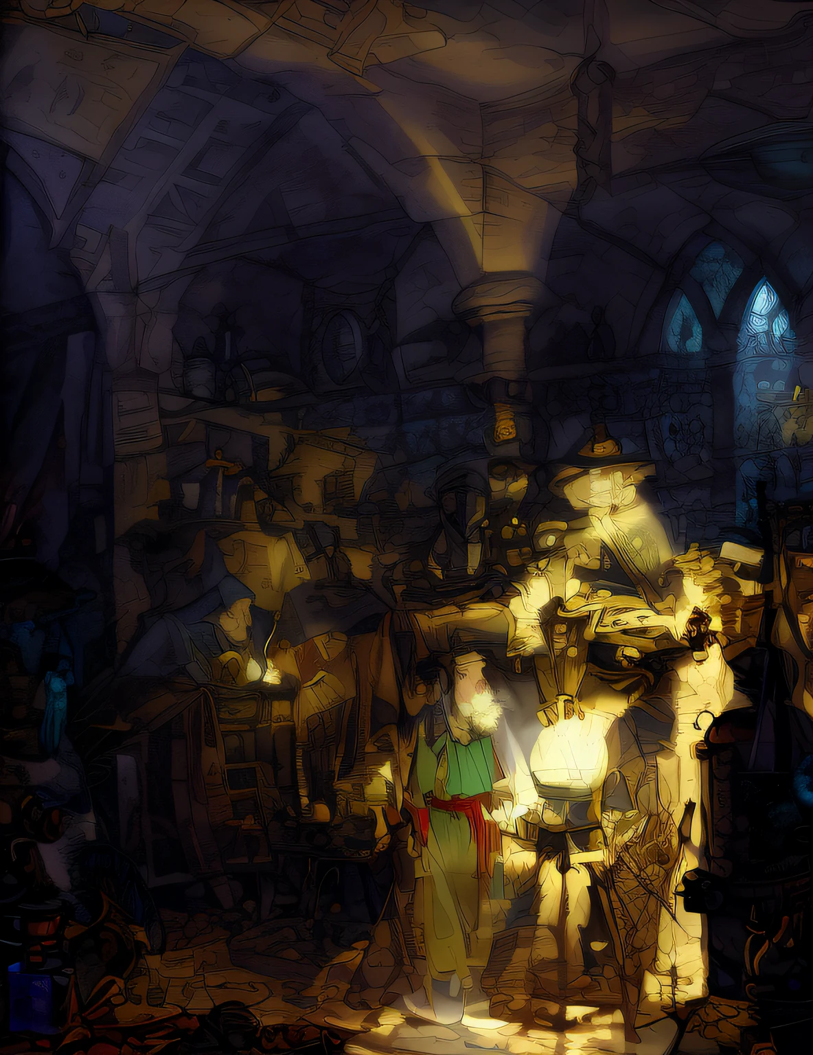 Draw a man in a medieval environment with a knight and a woman, Medieval alchemist in the dark, fantasy alchemist laboratory, science fantasy painting, wizards laboratory, he is in a alchemist lab, alchemy laboratory, alchemist, author:Friedrich Galmann, author:Cornelis Engebrechtsz, author:Philippe de Corinke, in a darkly lit laboratory room