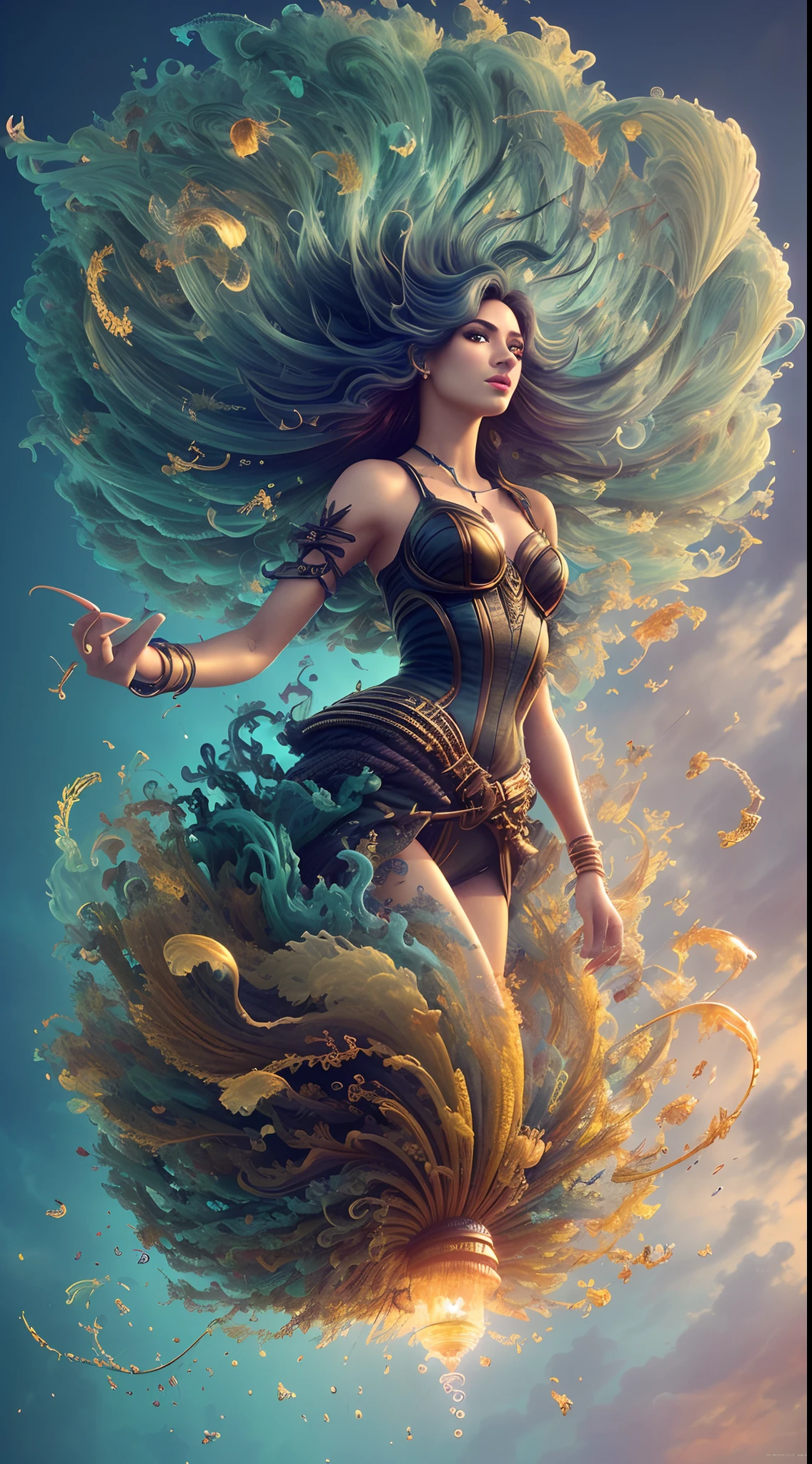 ModelShoot style, (Extremely detailed Cg Unity 8K wallpaper), A chaotic storm of liquid smoke overhead, Stylized beautiful full-length abstract portrait, author：Petros Afshar, ross tran, tom whalen, Peter Mohrbacher, Art germ, Broken glass, bubbly underwater scenery, radiant light