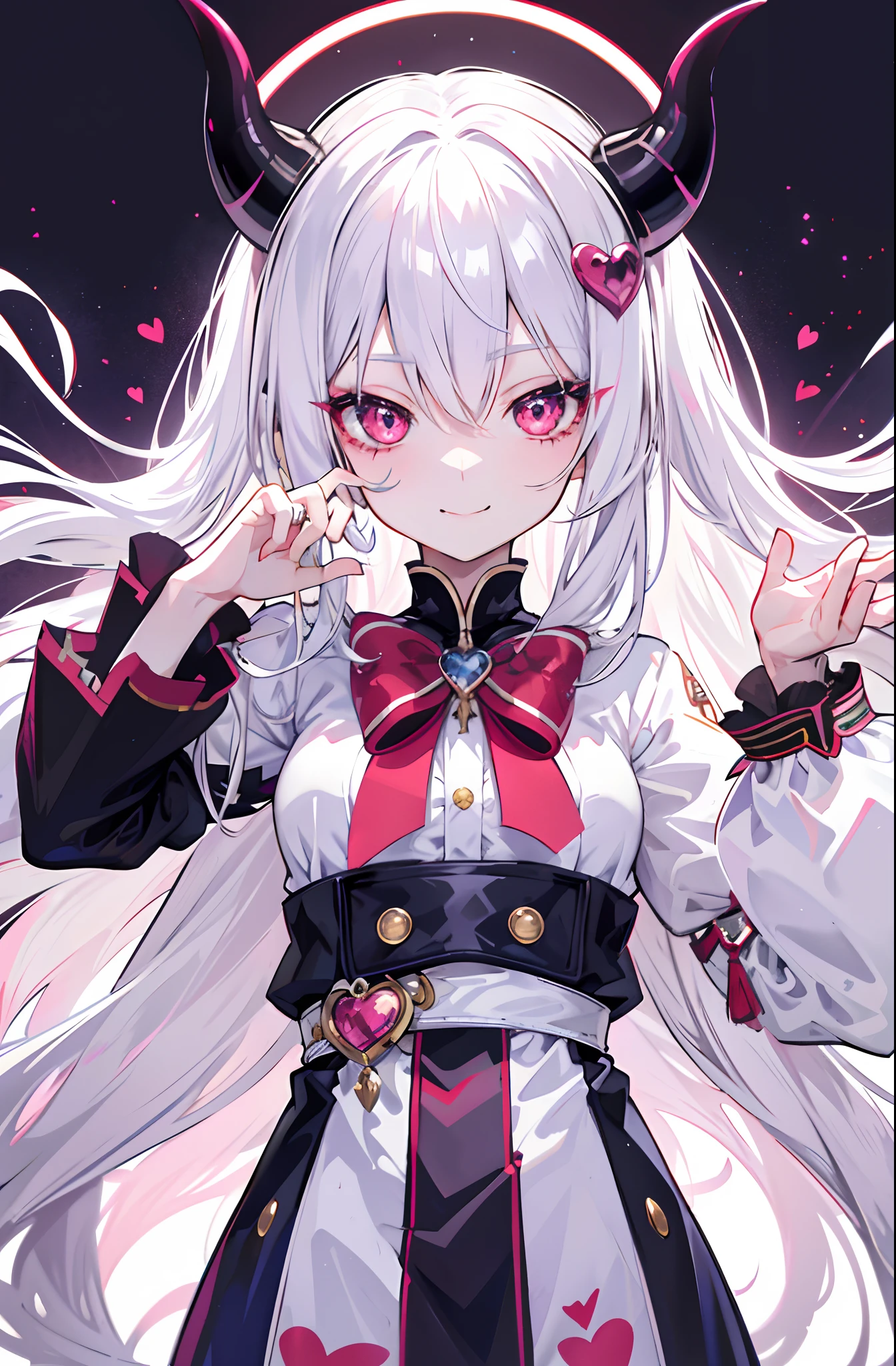 hair bobbles, long eyelasher, solid circle eyes, Light smile, Ear blush, Fang, Silver hair, Heart-shaped pupils, hair pin, mismatched sclera, Evil smile, Anime style, 8K, Super detail, ccurate, Best quality, hyper HD, 4K,Anime girl with horns and bow tie in white costume, With horns, girl design lush horns, cute horns, demon anime girl, white horns queen demon, mika kurai demon, Demon Girl, demon horn, demon white horns, detailed anime character art, portrait of demon girl, dnd portrait of a tiefling, Anime monster girl, oni horns, devil horns,Wearing a white coat