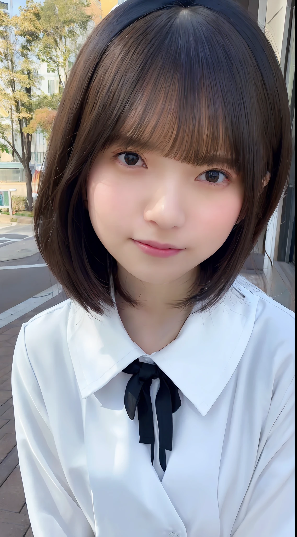 (masterpiece:1.2), Japanese, (), (a girl), (Collared shirt), (skirt), (bow tie), on a bed, smiling, tits, (close up to face), short hair,